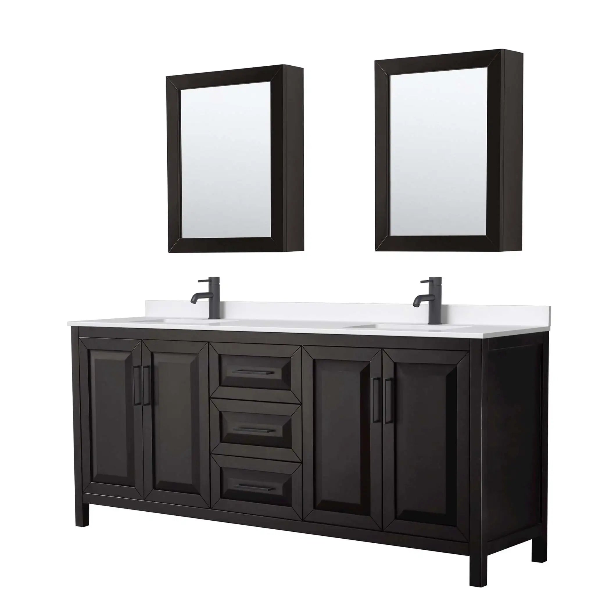 80" Daria Double Bathroom Vanity in Dark Espresso with Matte Black Trim & Medicine Cabinet by Wyndham