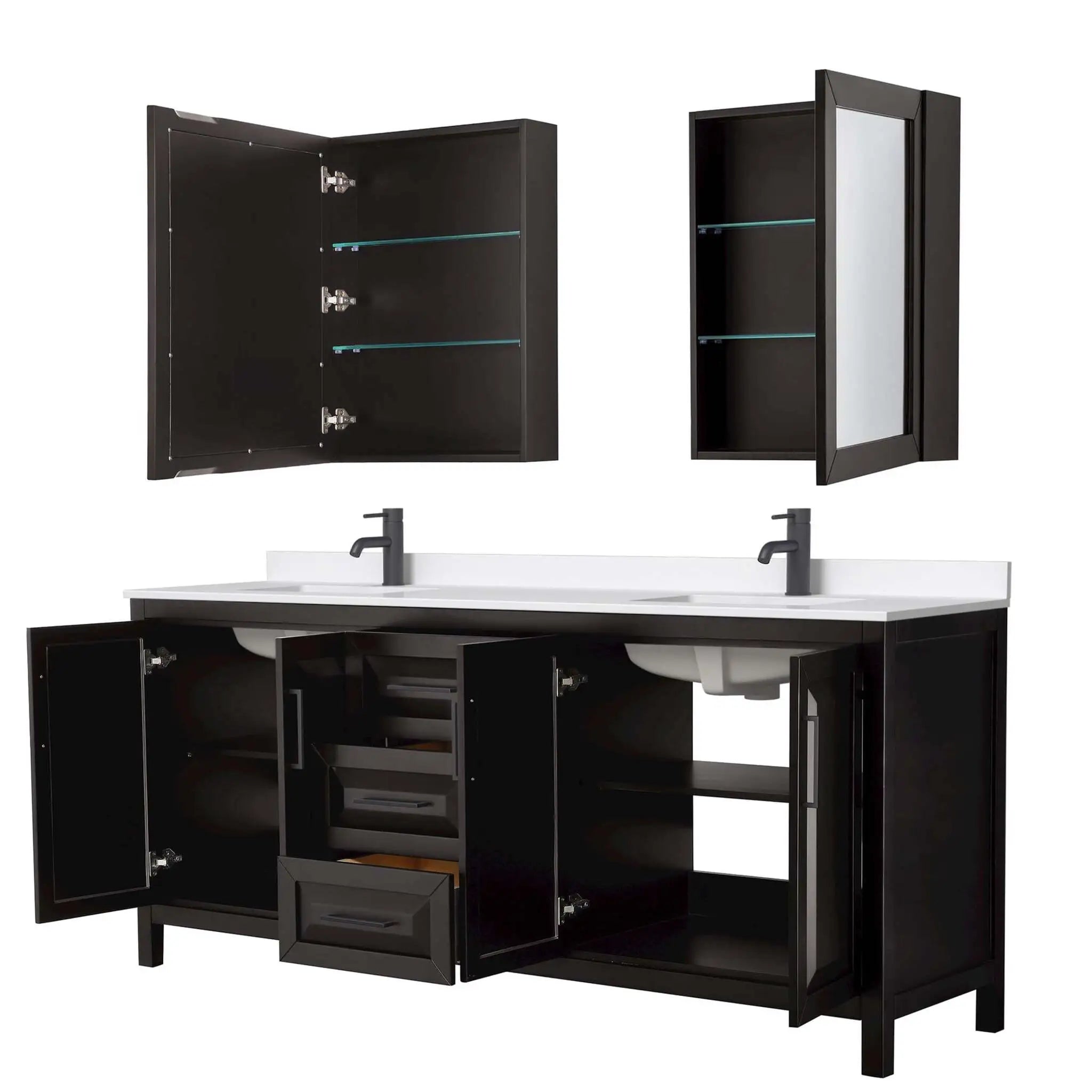 80" Daria Double Bathroom Vanity in Dark Espresso with Matte Black Trim & Medicine Cabinet by Wyndham