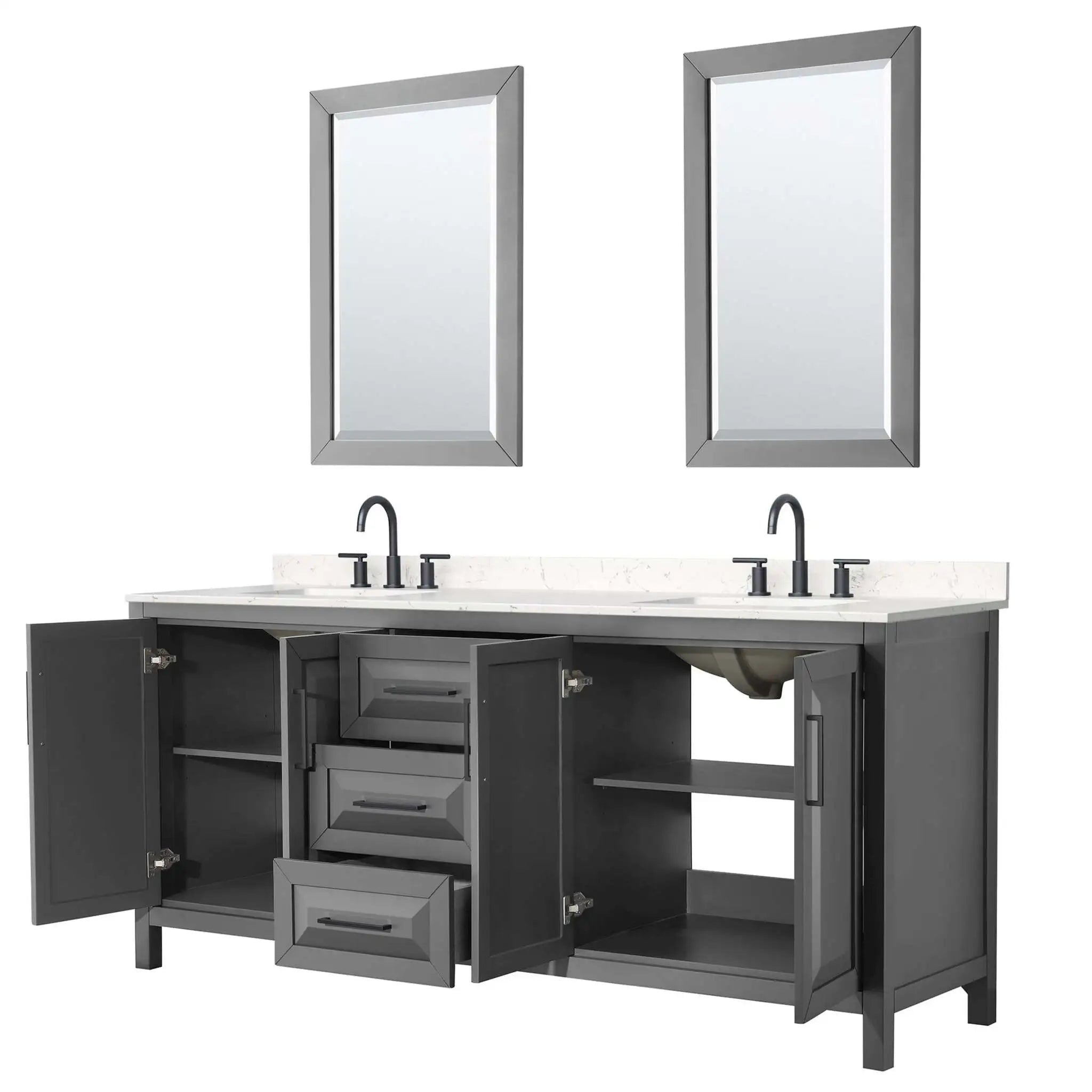 80" Daria Double Bathroom Vanity in Dark Gray with Matte Black Trim & 24" Mirror by Wyndham