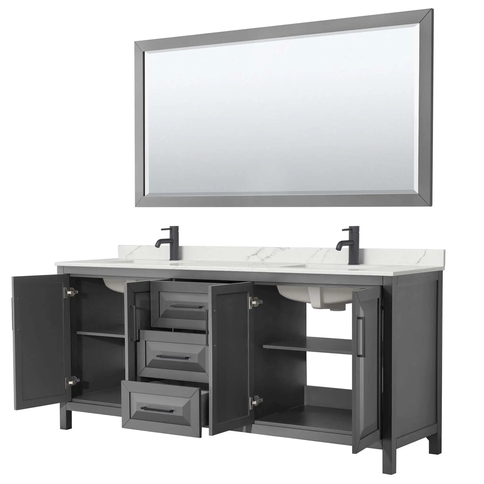 80" Daria Double Bathroom Vanity in Dark Gray with Matte Black Trim & 70" Mirror by Wyndham