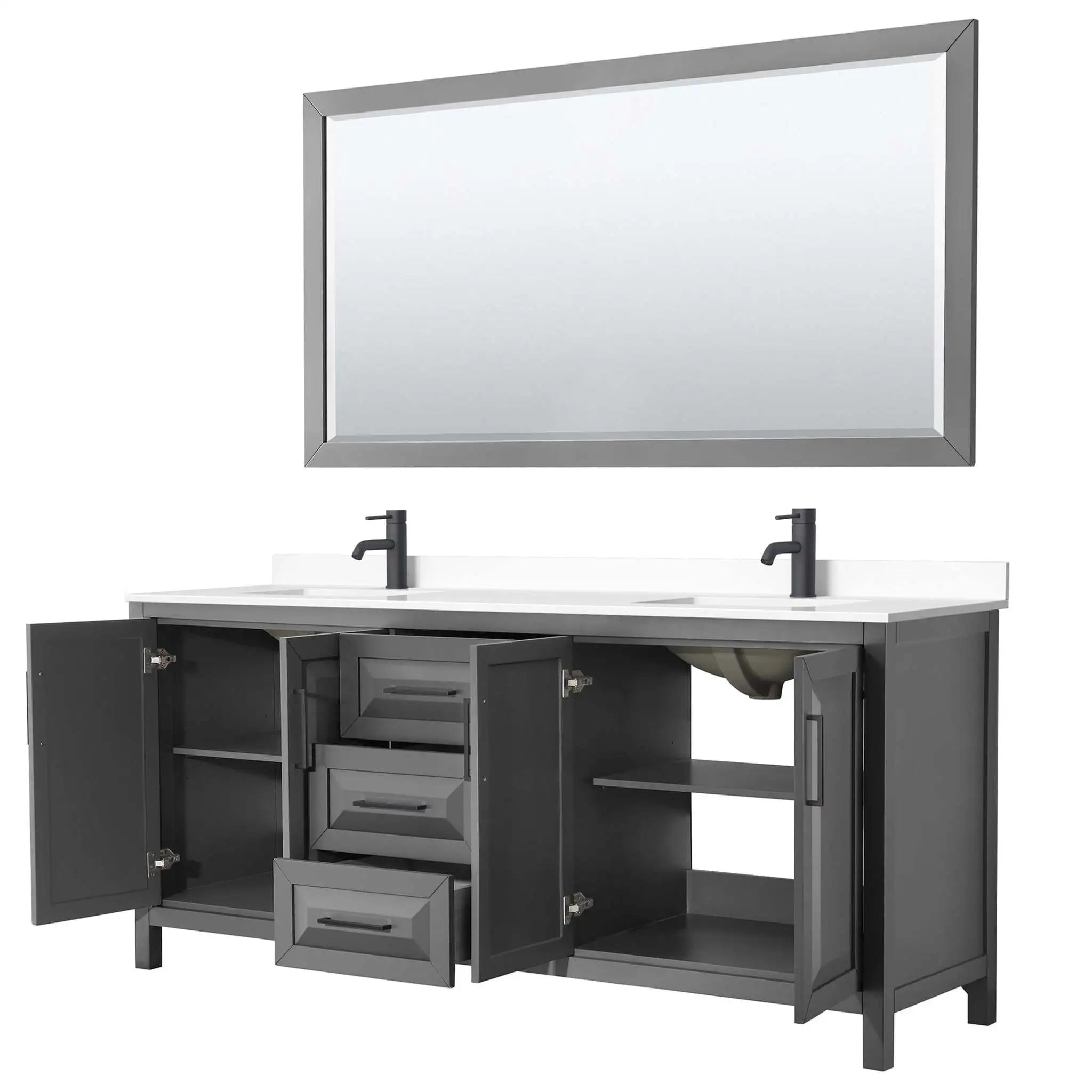 80" Daria Double Bathroom Vanity in Dark Gray with Matte Black Trim & 70" Mirror by Wyndham