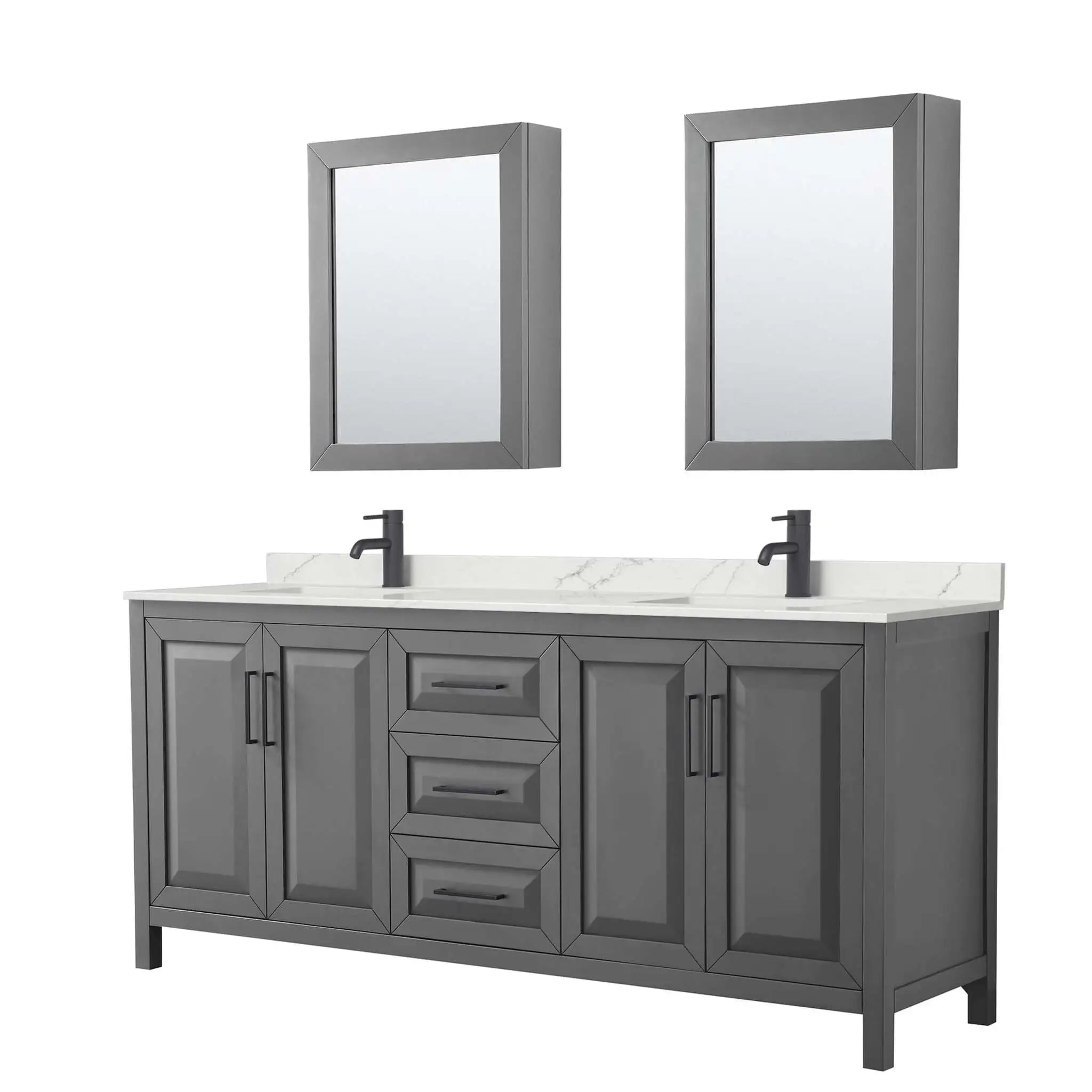 80" Daria Double Bathroom Vanity in Dark Gray with Matte Black Trim & Medicine Cabinet by Wyndham