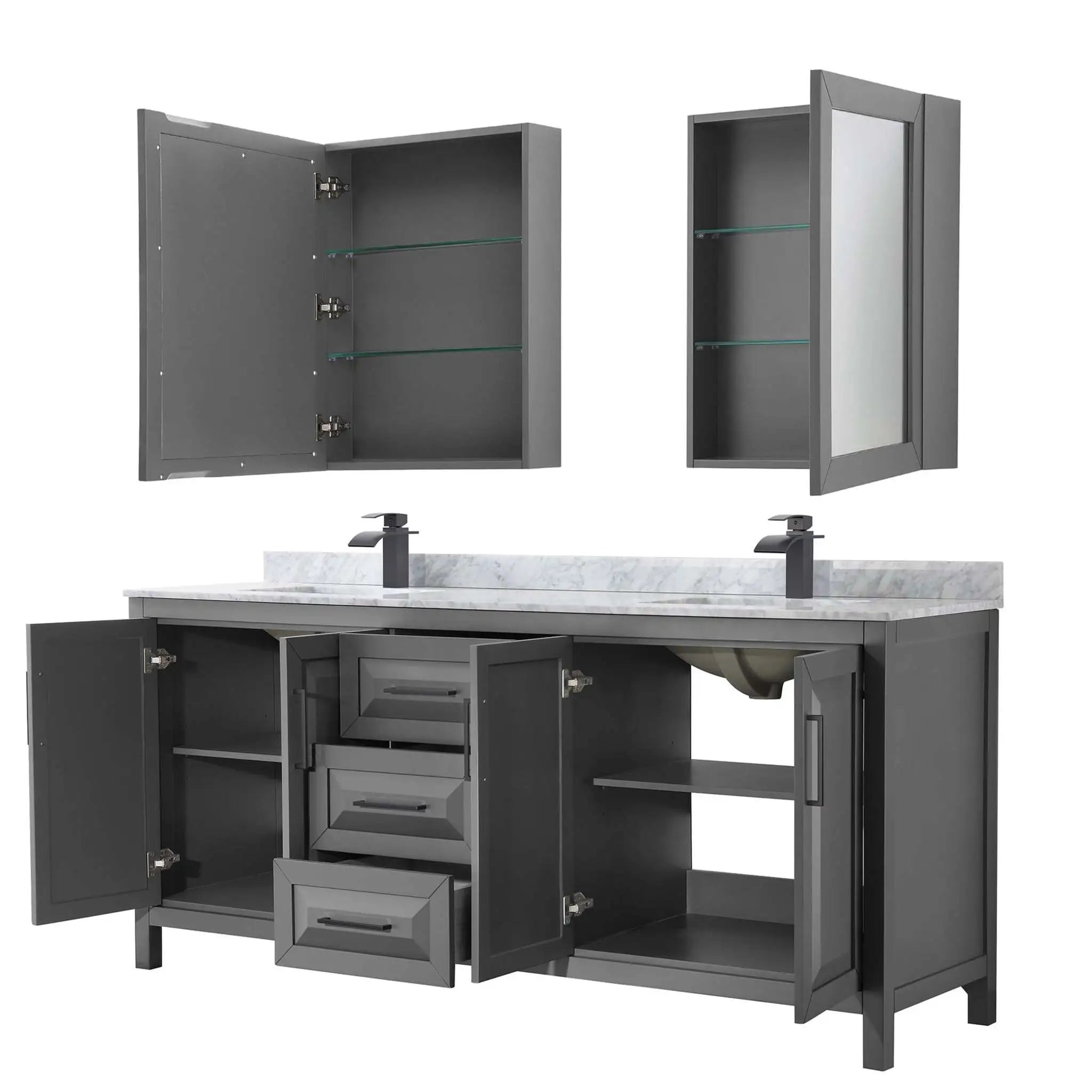 80" Daria Double Bathroom Vanity in Dark Gray with Matte Black Trim & Medicine Cabinet by Wyndham