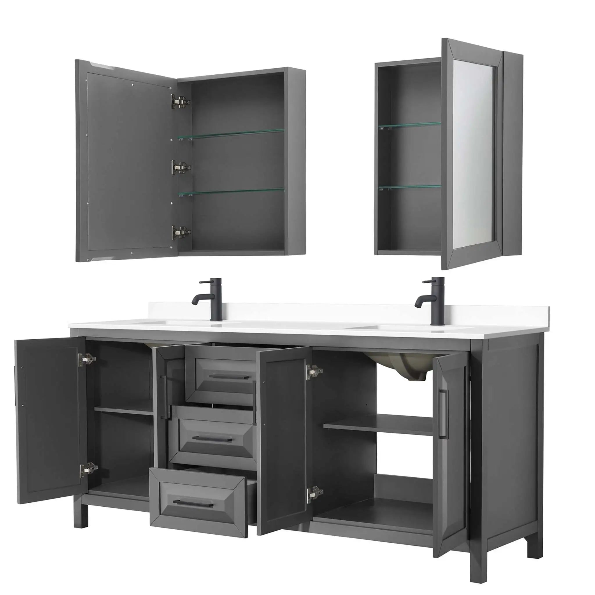 80" Daria Double Bathroom Vanity in Dark Gray with Matte Black Trim & Medicine Cabinet by Wyndham