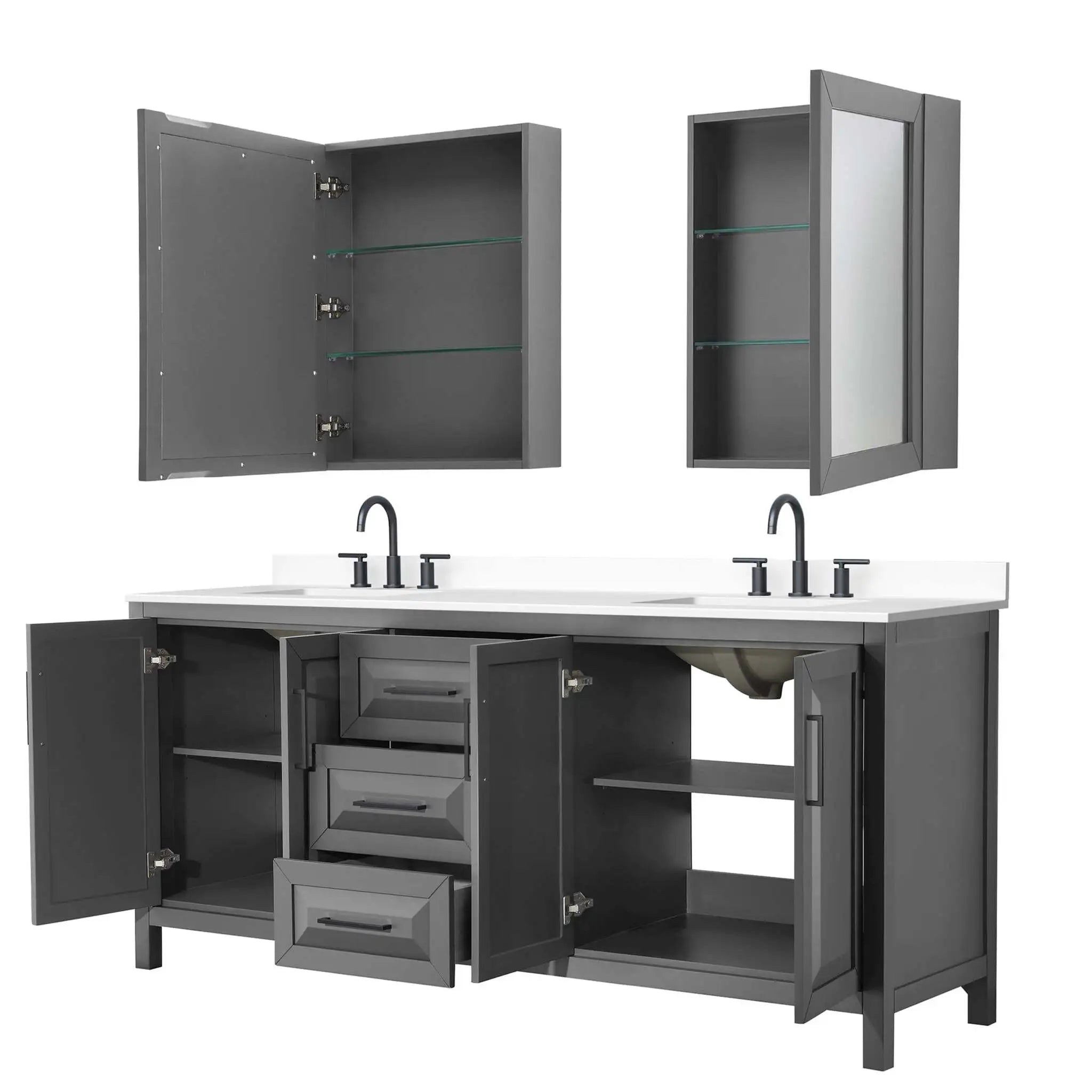 80" Daria Double Bathroom Vanity in Dark Gray with Matte Black Trim & Medicine Cabinet by Wyndham