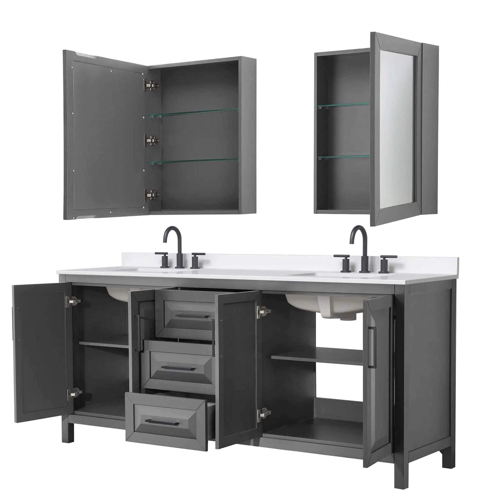 80" Daria Double Bathroom Vanity in Dark Gray with Matte Black Trim & Medicine Cabinet by Wyndham