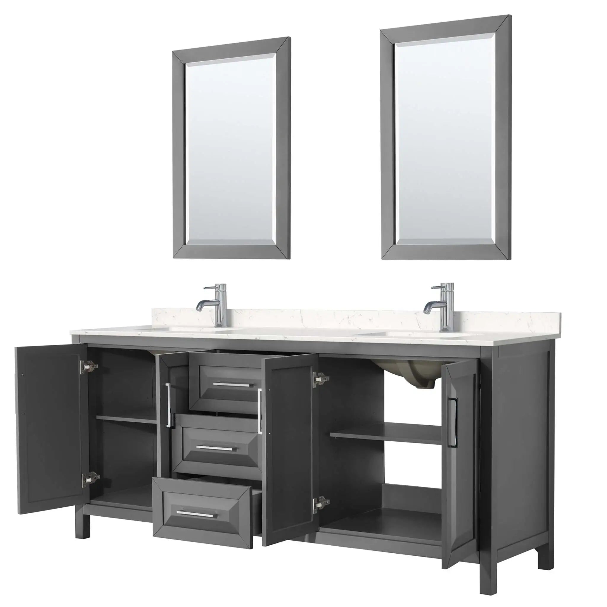 80" Daria Double Bathroom Vanity in Dark Gray with Polished Chrome Trim & 24" Mirror by Wyndham
