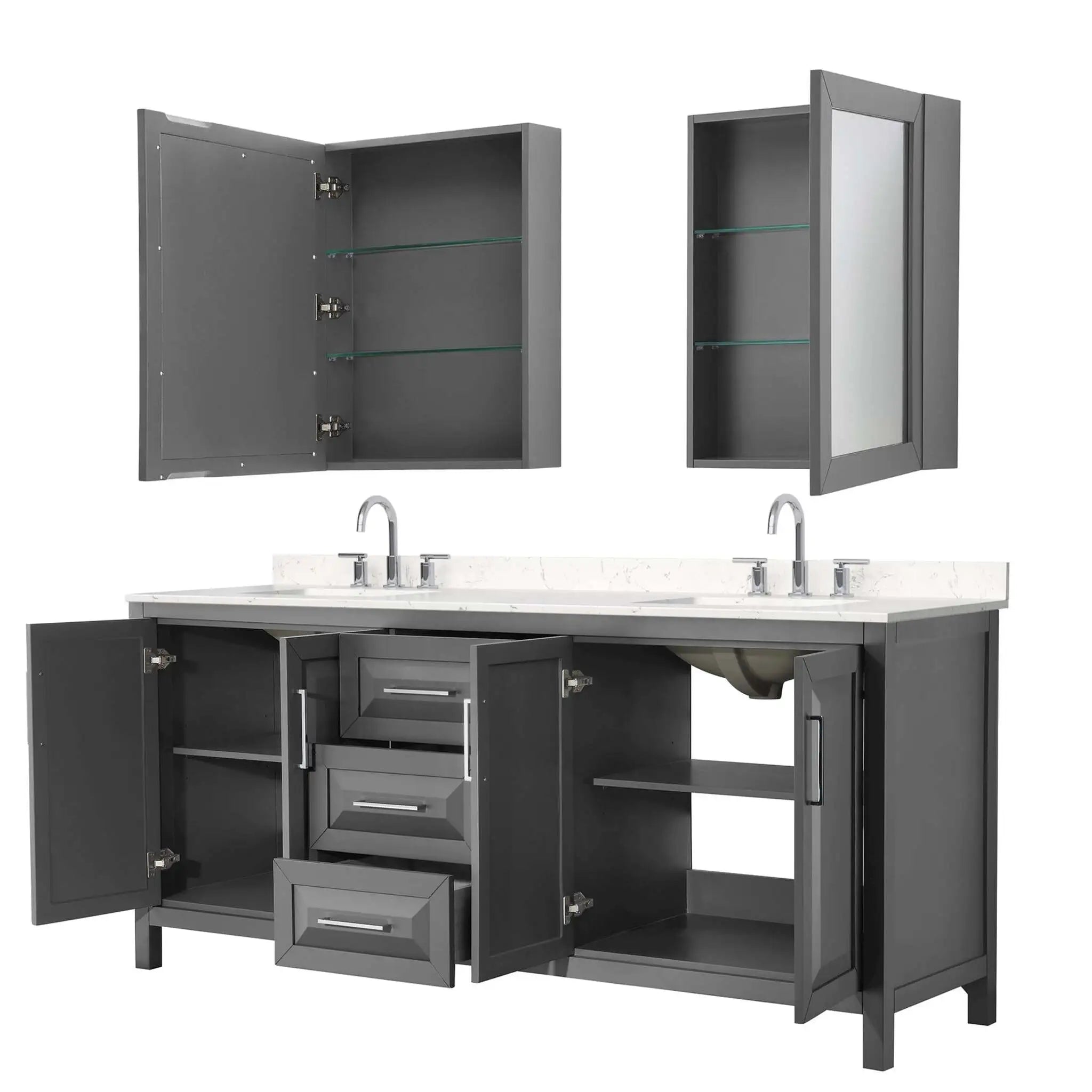 80" Daria Double Bathroom Vanity in Dark Gray with Polished Chrome Trim & Medicine Cabinet by Wyndham