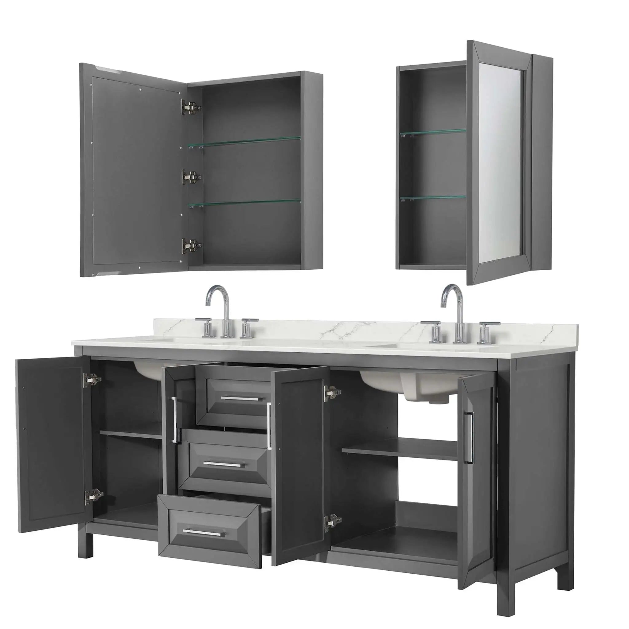 80" Daria Double Bathroom Vanity in Dark Gray with Polished Chrome Trim & Medicine Cabinet by Wyndham
