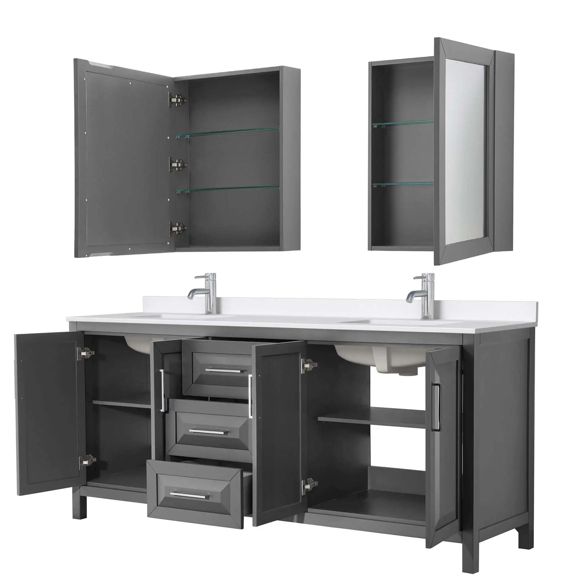 80" Daria Double Bathroom Vanity in Dark Gray with Polished Chrome Trim & Medicine Cabinet by Wyndham