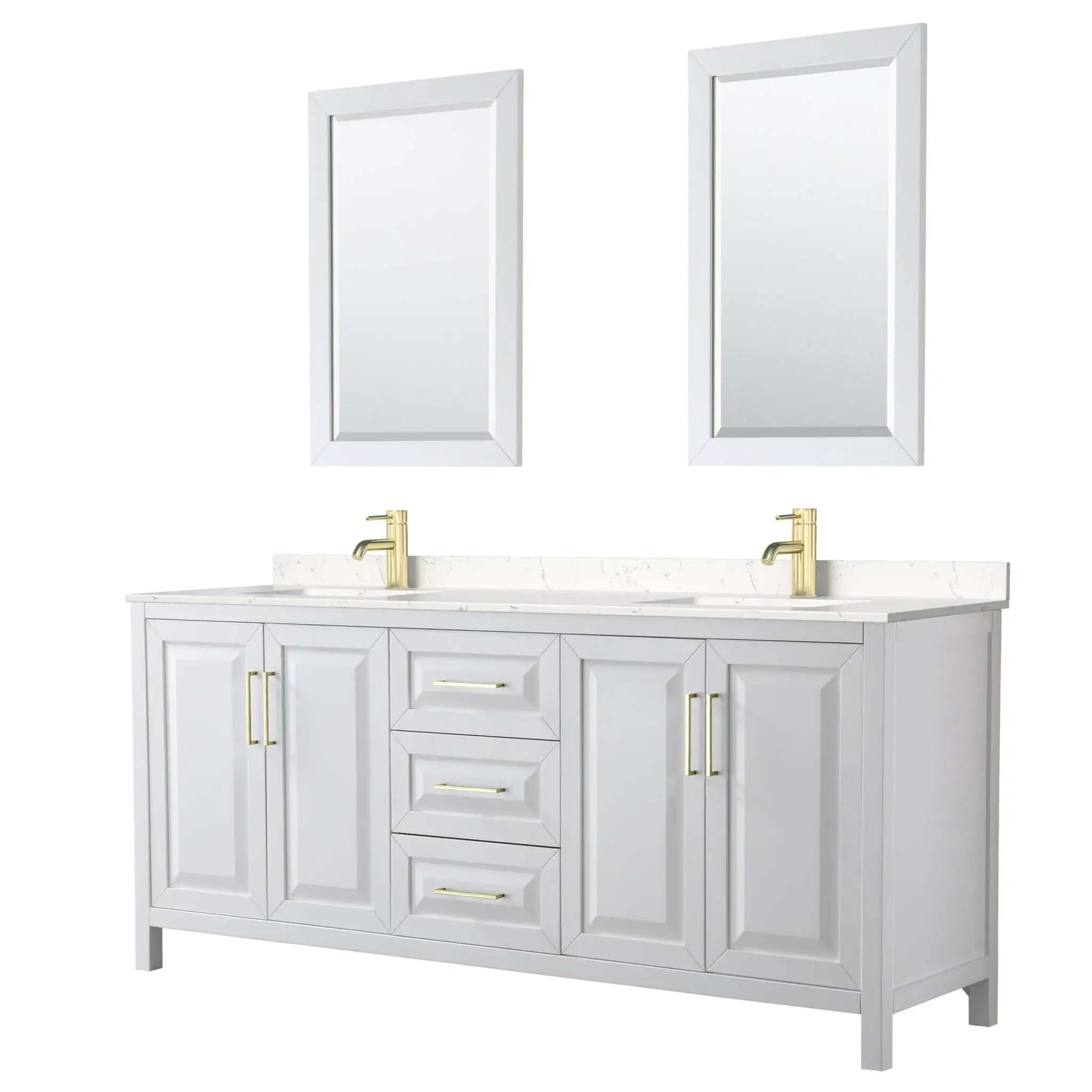 80" Daria Double Bathroom Vanity in White with Brushed Gold Trim & 24" Mirror by Wyndham
