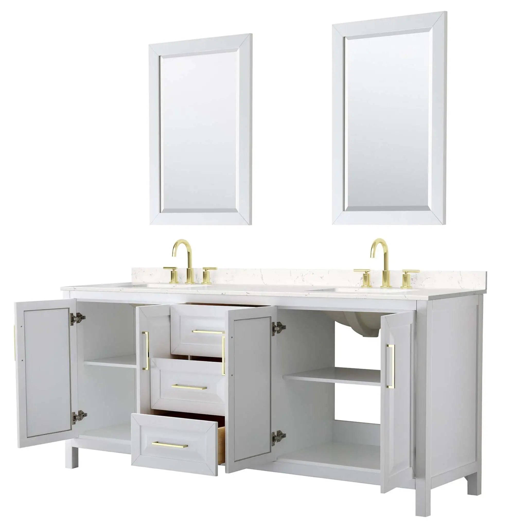 80" Daria Double Bathroom Vanity in White with Brushed Gold Trim & 24" Mirror by Wyndham