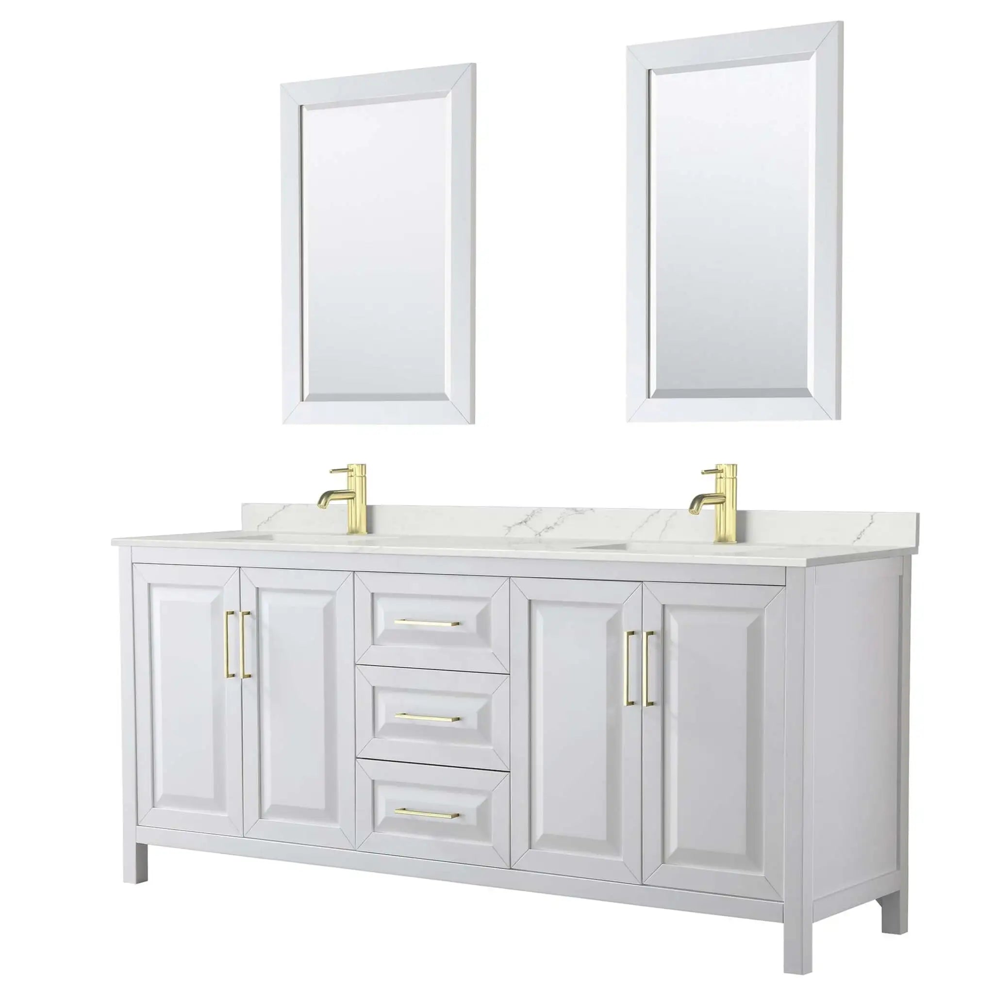 80" Daria Double Bathroom Vanity in White with Brushed Gold Trim & 24" Mirror by Wyndham