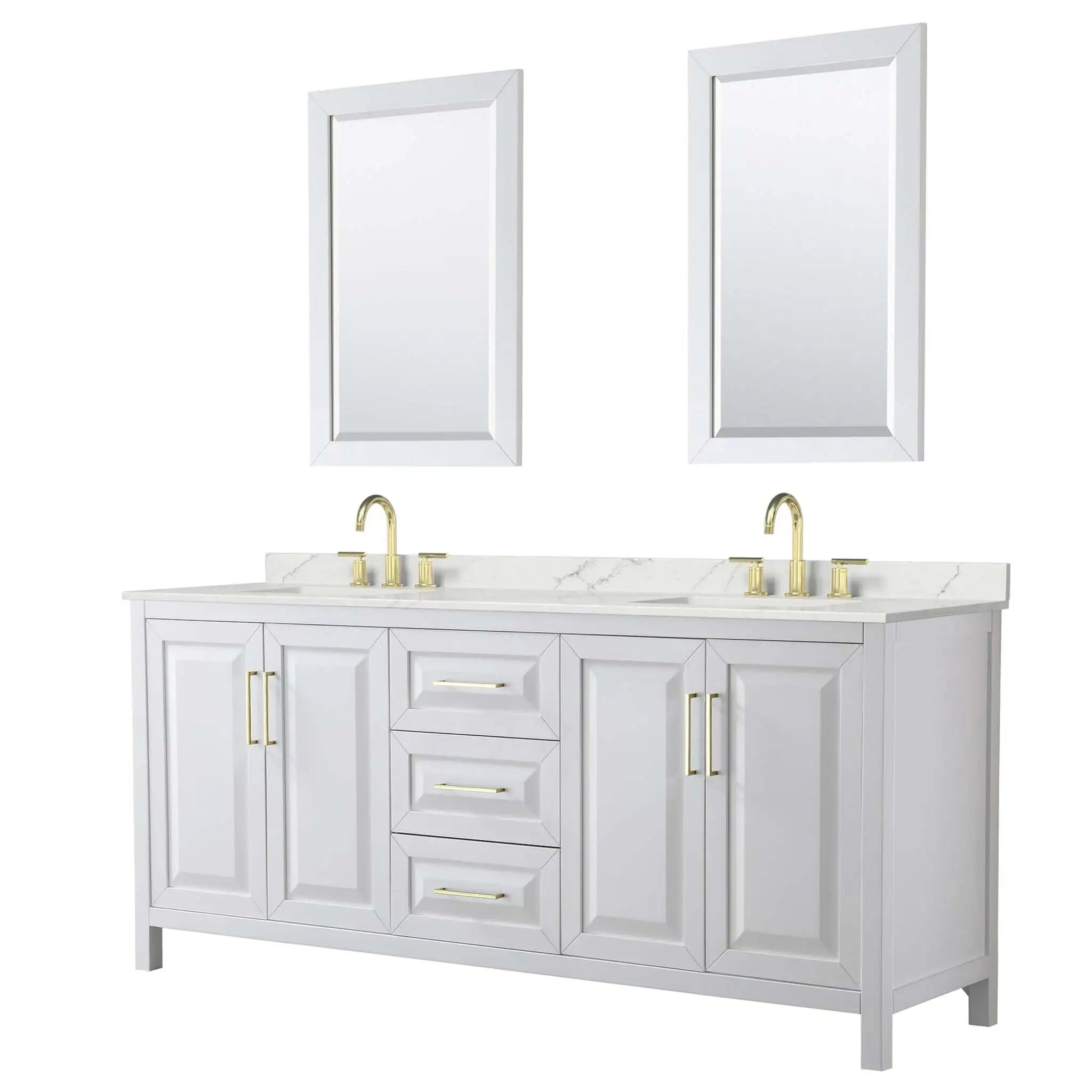 80" Daria Double Bathroom Vanity in White with Brushed Gold Trim & 24" Mirror by Wyndham
