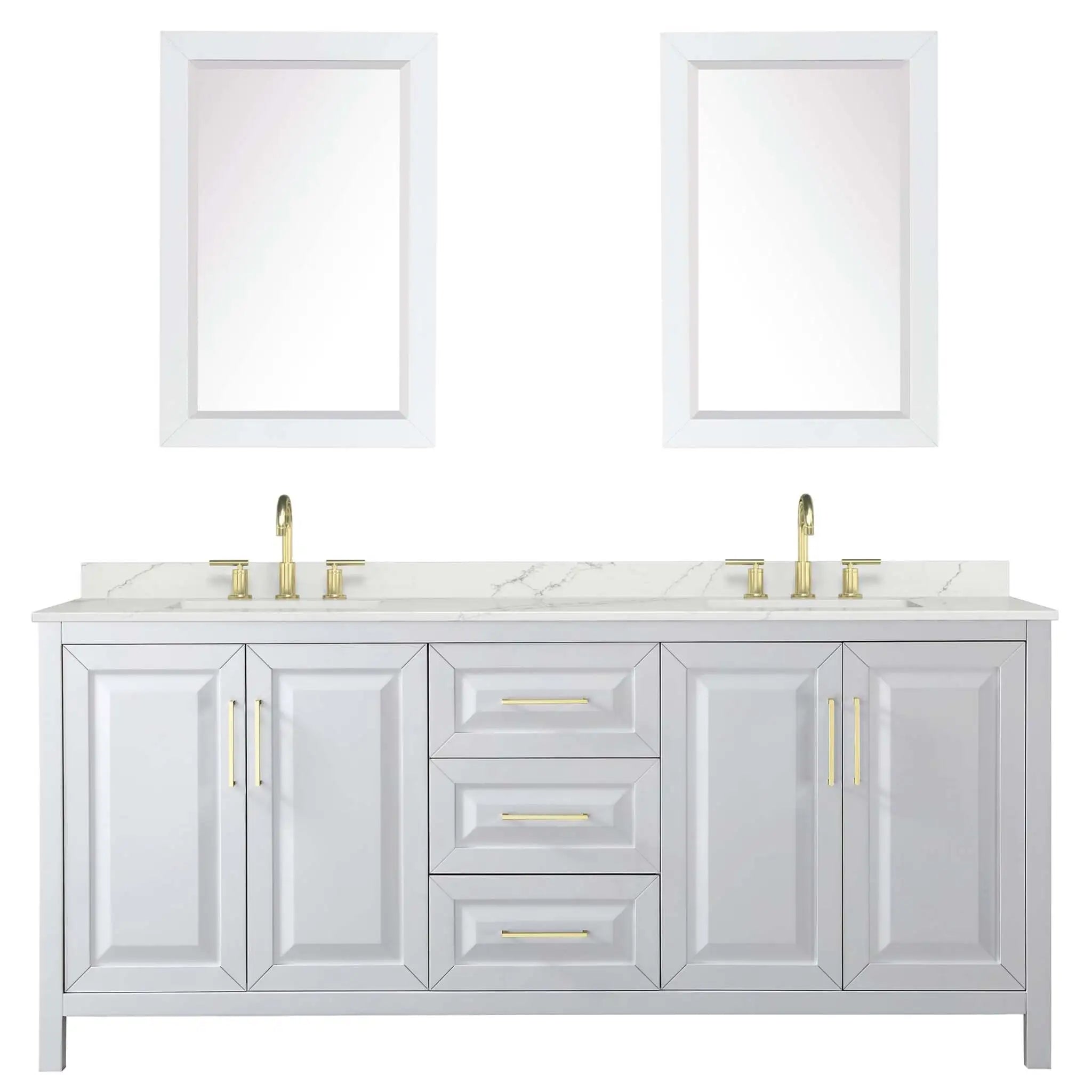 80" Daria Double Bathroom Vanity in White with Brushed Gold Trim & 24" Mirror by Wyndham