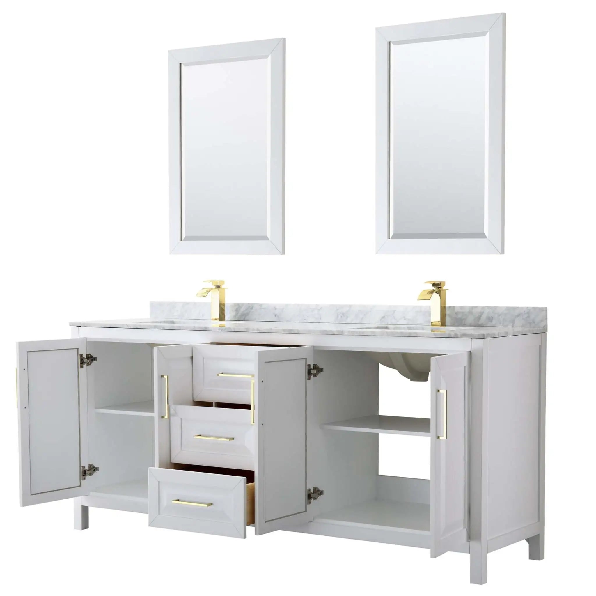 80" Daria Double Bathroom Vanity in White with Brushed Gold Trim & 24" Mirror by Wyndham