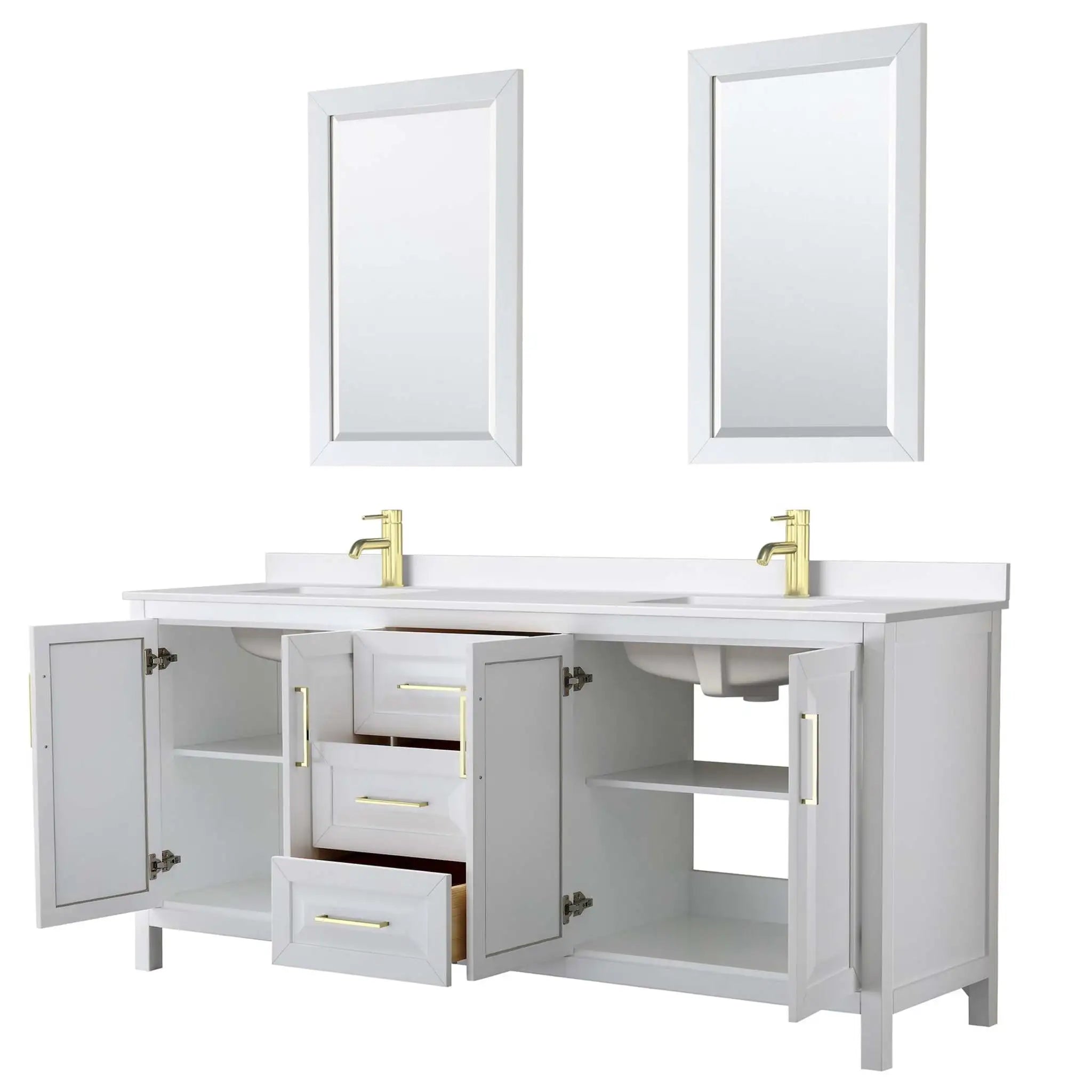 80" Daria Double Bathroom Vanity in White with Brushed Gold Trim & 24" Mirror by Wyndham