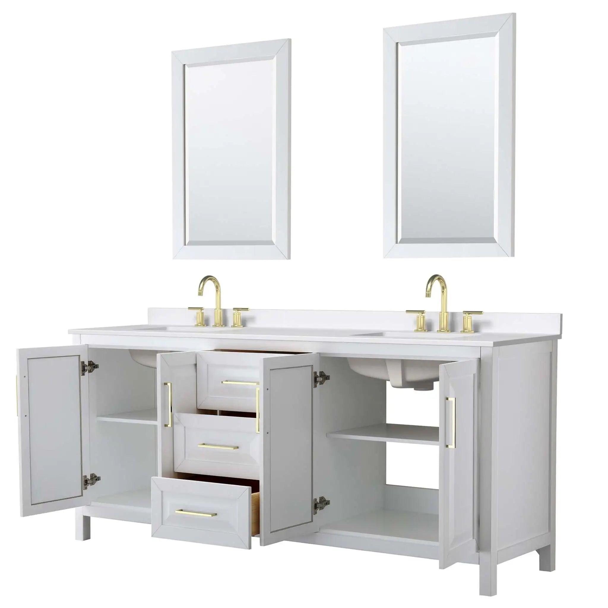 80" Daria Double Bathroom Vanity in White with Brushed Gold Trim & 24" Mirror by Wyndham
