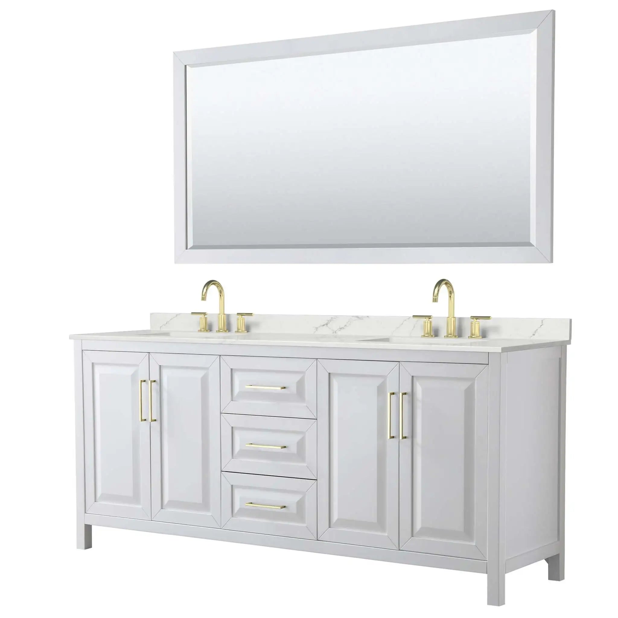 80" Daria Double Bathroom Vanity in White with Brushed Gold Trim & 70" Mirror by Wyndham