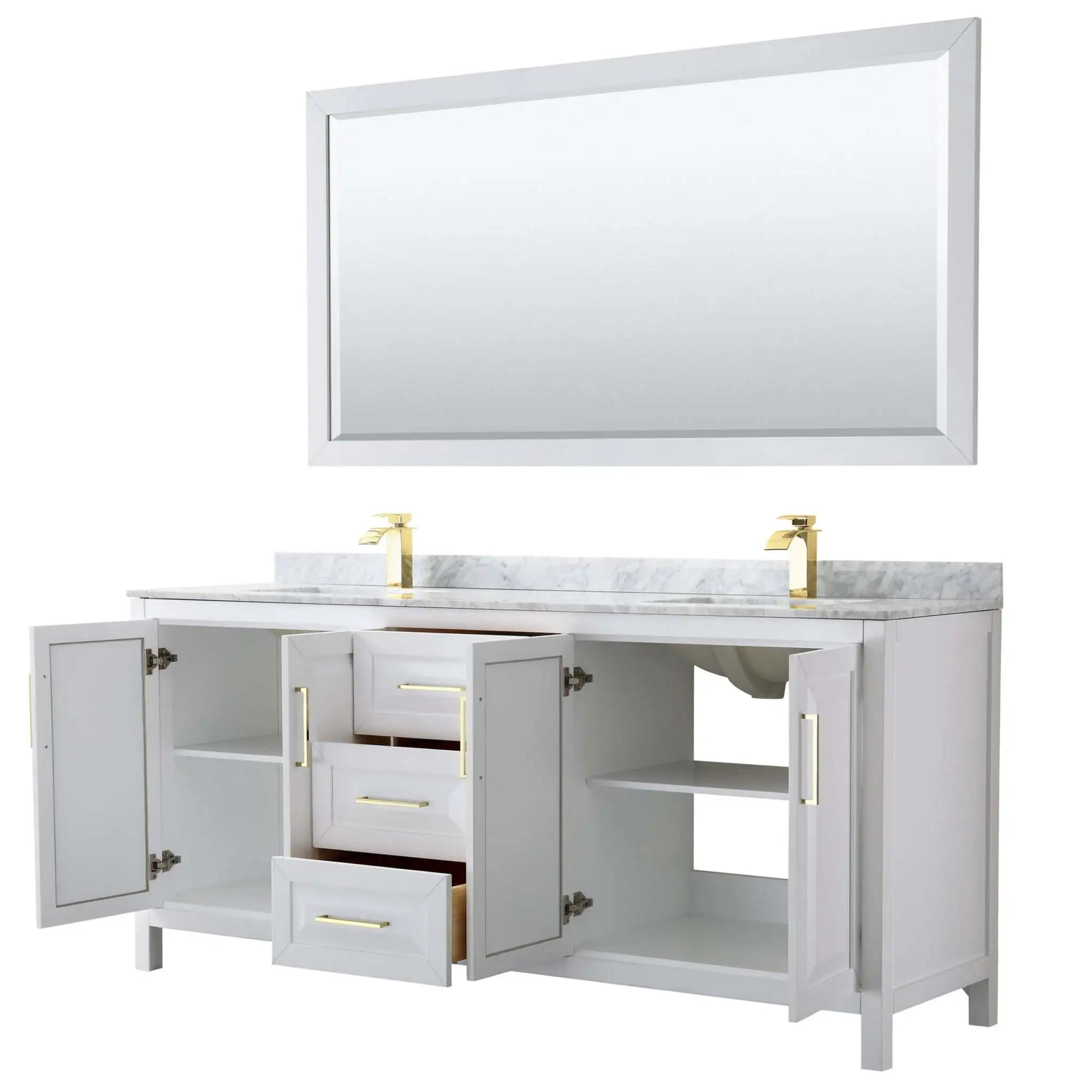 80" Daria Double Bathroom Vanity in White with Brushed Gold Trim & 70" Mirror by Wyndham