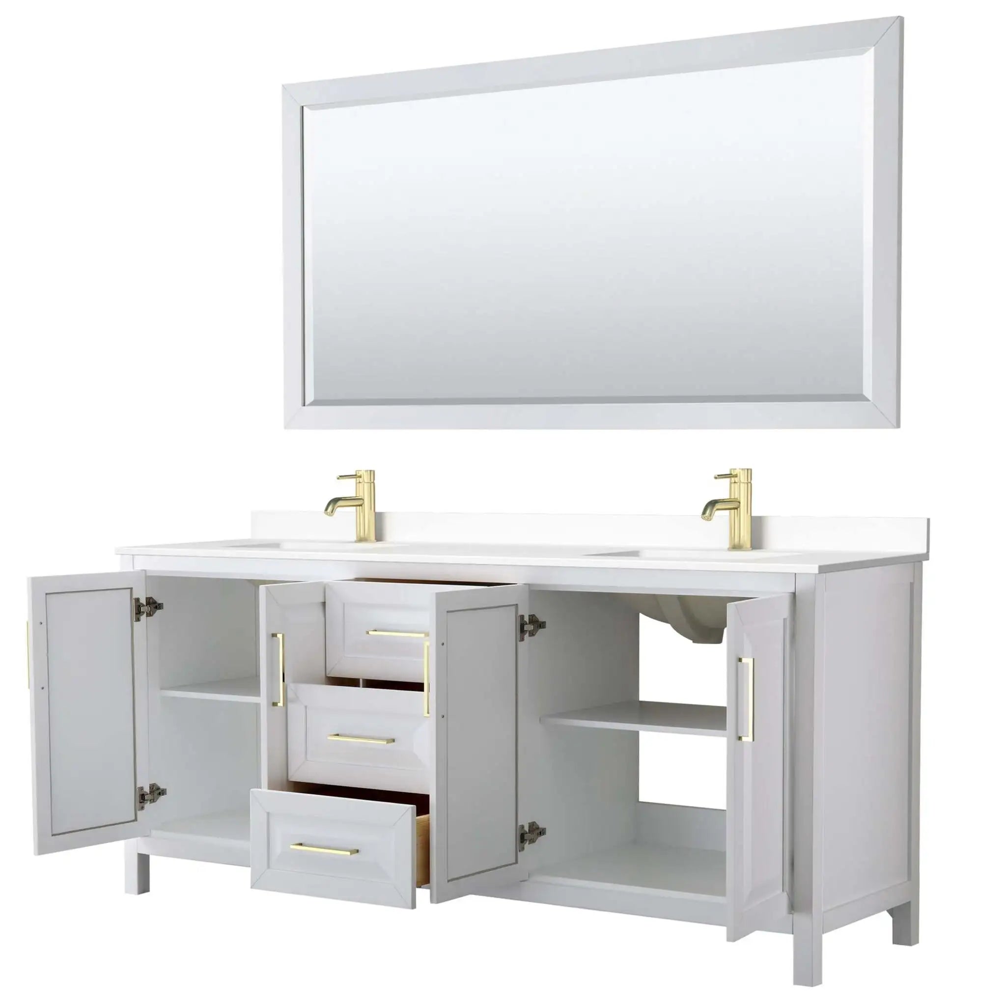 80" Daria Double Bathroom Vanity in White with Brushed Gold Trim & 70" Mirror by Wyndham