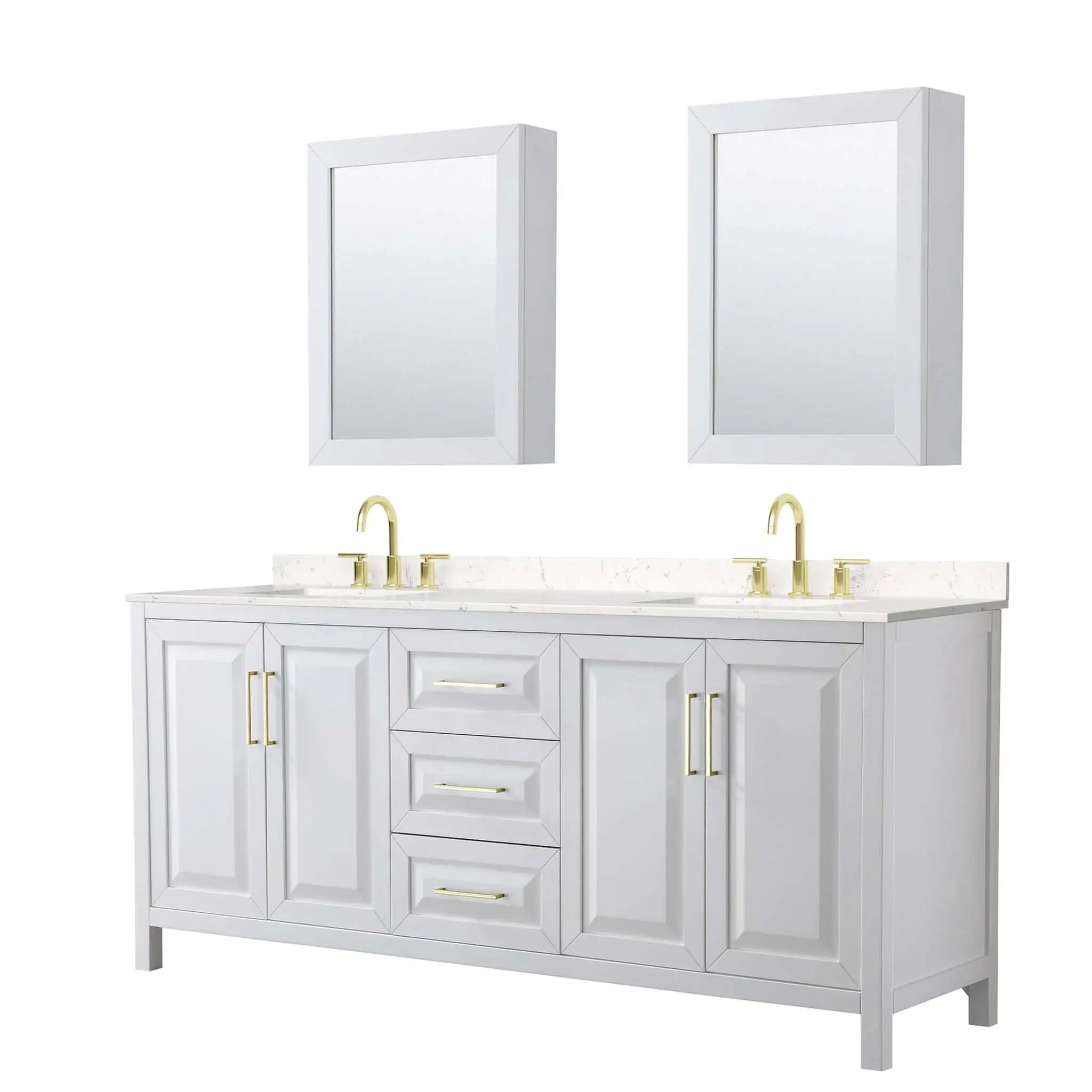 80" Daria Double Bathroom Vanity in White with Brushed Gold Trim & Medicine Cabinet by Wyndham