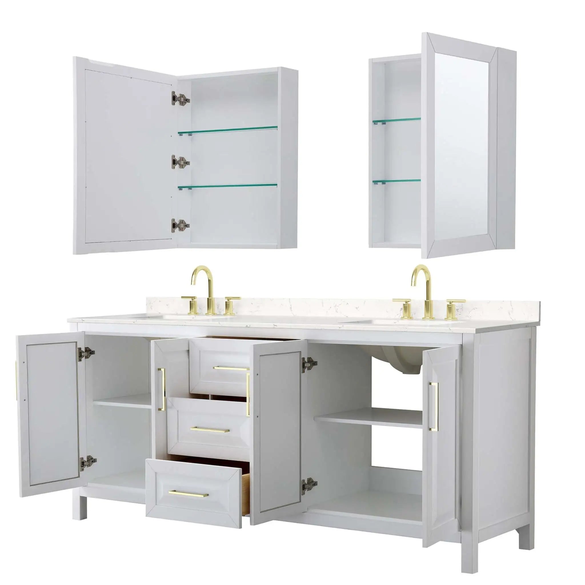 80" Daria Double Bathroom Vanity in White with Brushed Gold Trim & Medicine Cabinet by Wyndham