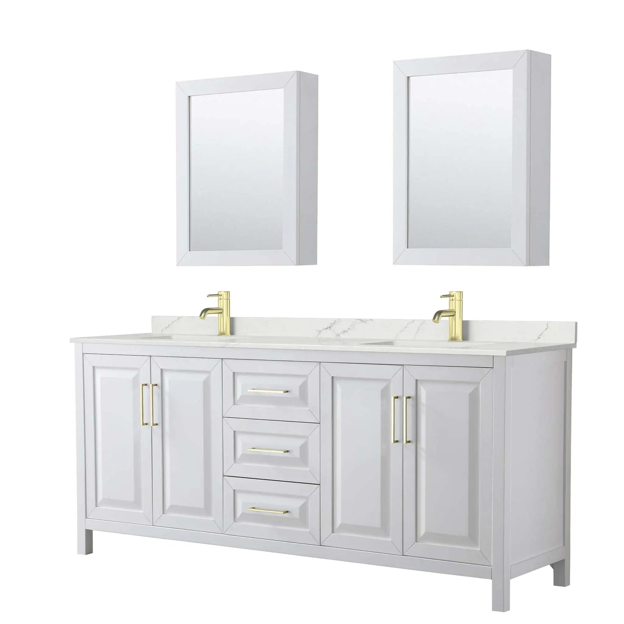 80" Daria Double Bathroom Vanity in White with Brushed Gold Trim & Medicine Cabinet by Wyndham