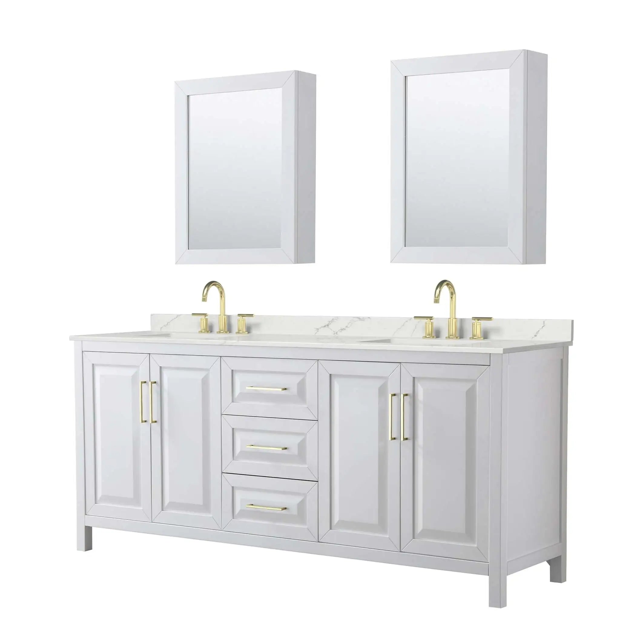 80" Daria Double Bathroom Vanity in White with Brushed Gold Trim & Medicine Cabinet by Wyndham