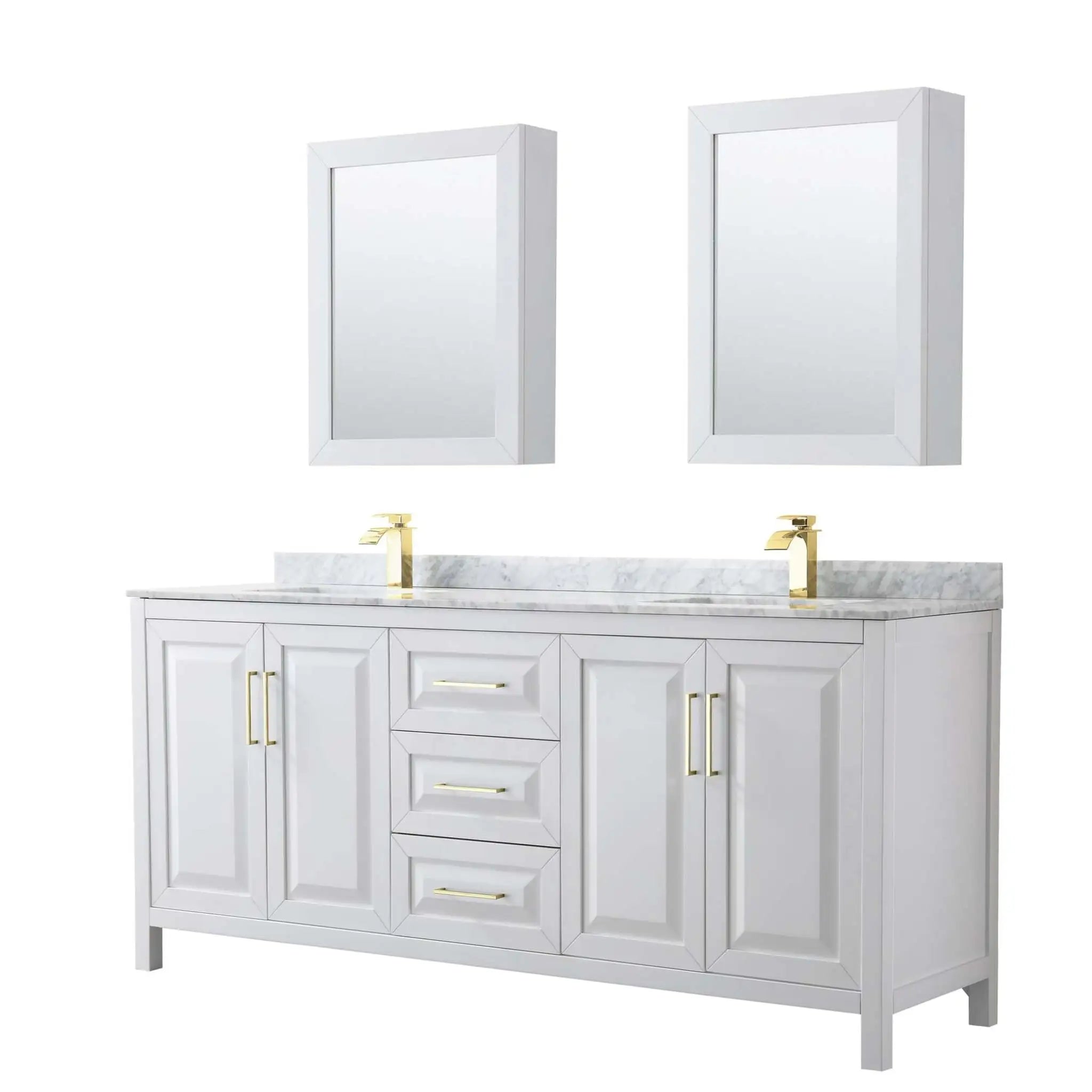80" Daria Double Bathroom Vanity in White with Brushed Gold Trim & Medicine Cabinet by Wyndham