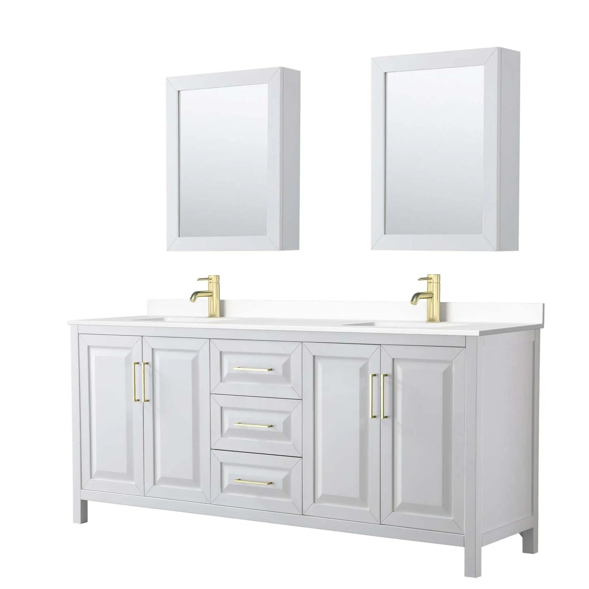 80" Daria Double Bathroom Vanity in White with Brushed Gold Trim & Medicine Cabinet by Wyndham