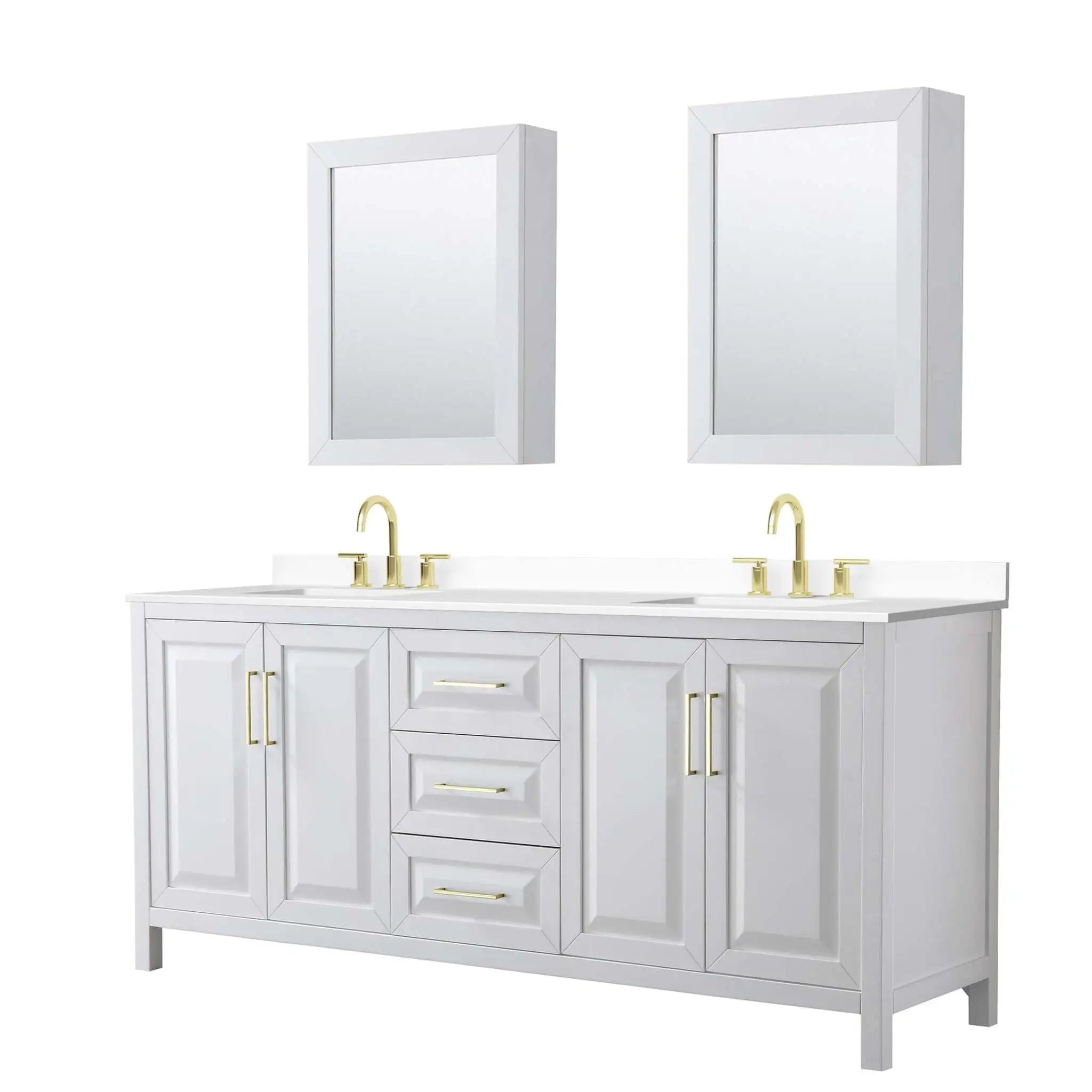 80" Daria Double Bathroom Vanity in White with Brushed Gold Trim & Medicine Cabinet by Wyndham