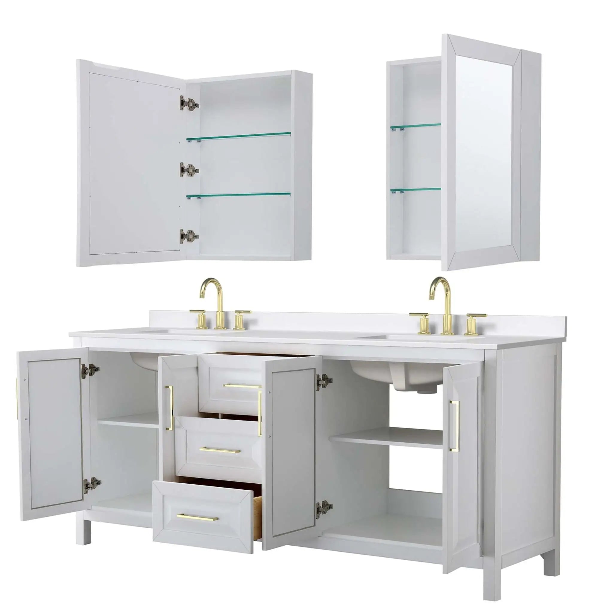 80" Daria Double Bathroom Vanity in White with Brushed Gold Trim & Medicine Cabinet by Wyndham