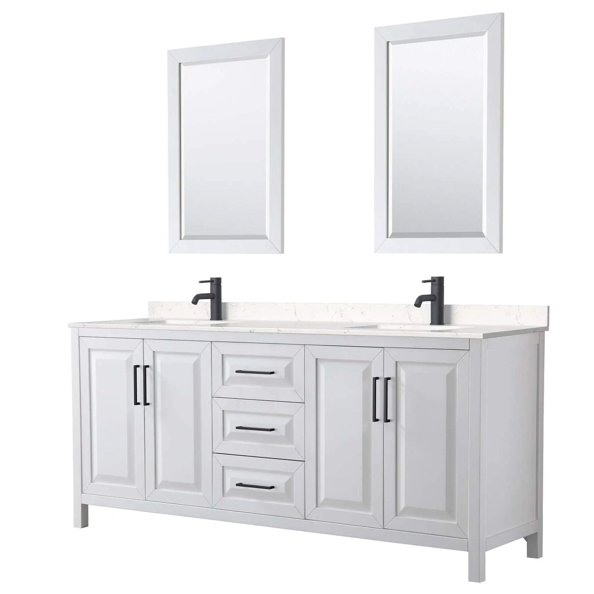 80" Daria Double Bathroom Vanity in White with Matte Black Trim & 24" Mirror by Wyndham
