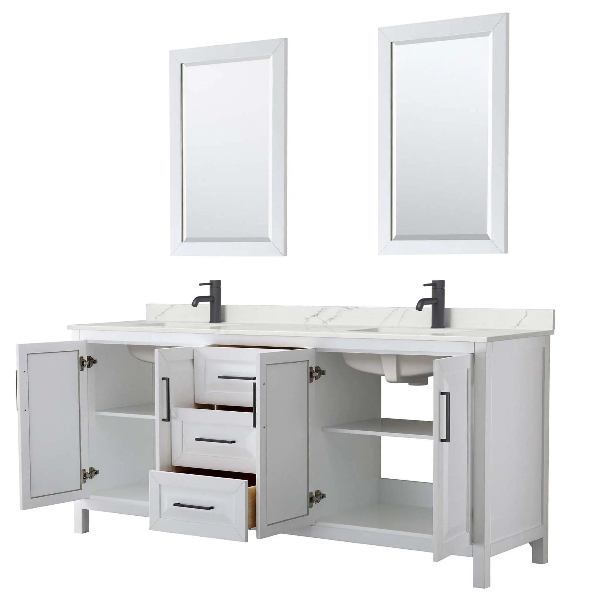 80" Daria Double Bathroom Vanity in White with Matte Black Trim & 24" Mirror by Wyndham