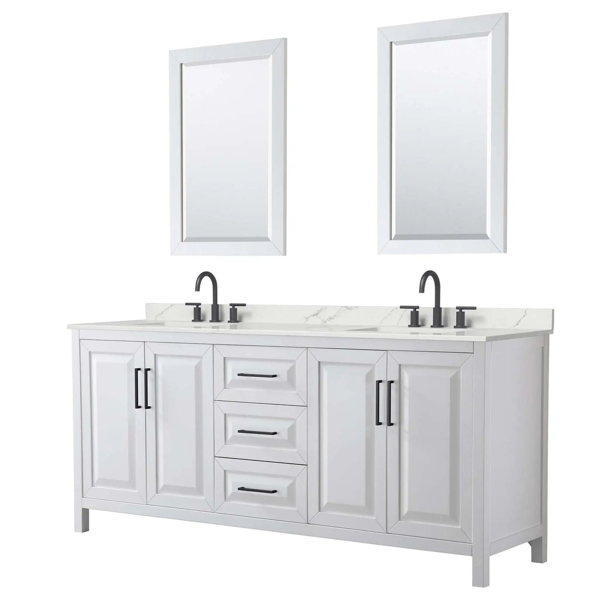 80" Daria Double Bathroom Vanity in White with Matte Black Trim & 24" Mirror by Wyndham