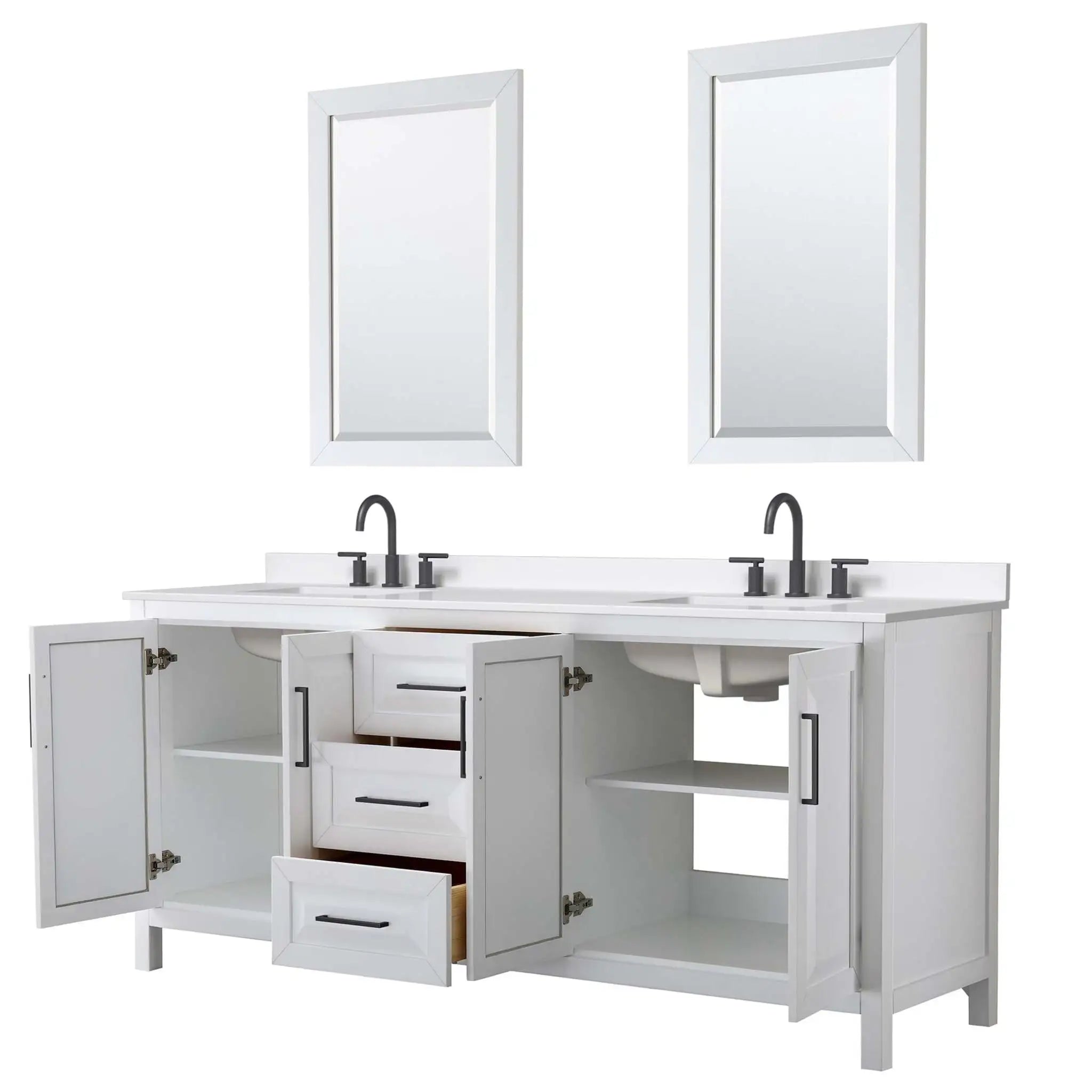 80" Daria Double Bathroom Vanity in White with Matte Black Trim & 24" Mirror by Wyndham