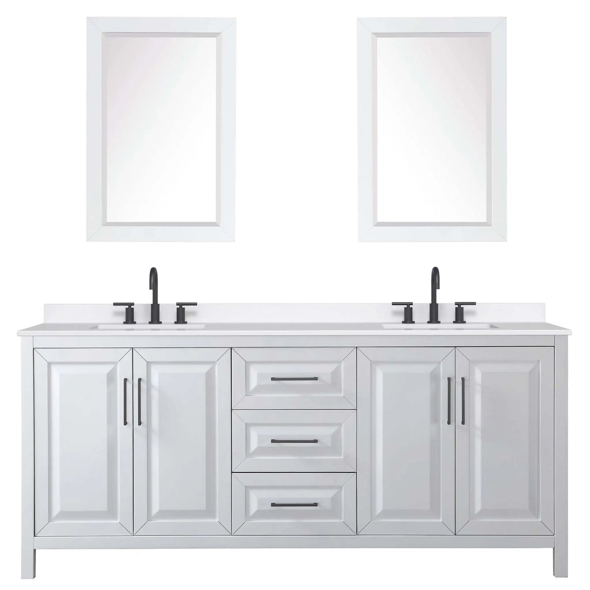 80" Daria Double Bathroom Vanity in White with Matte Black Trim & 24" Mirror by Wyndham