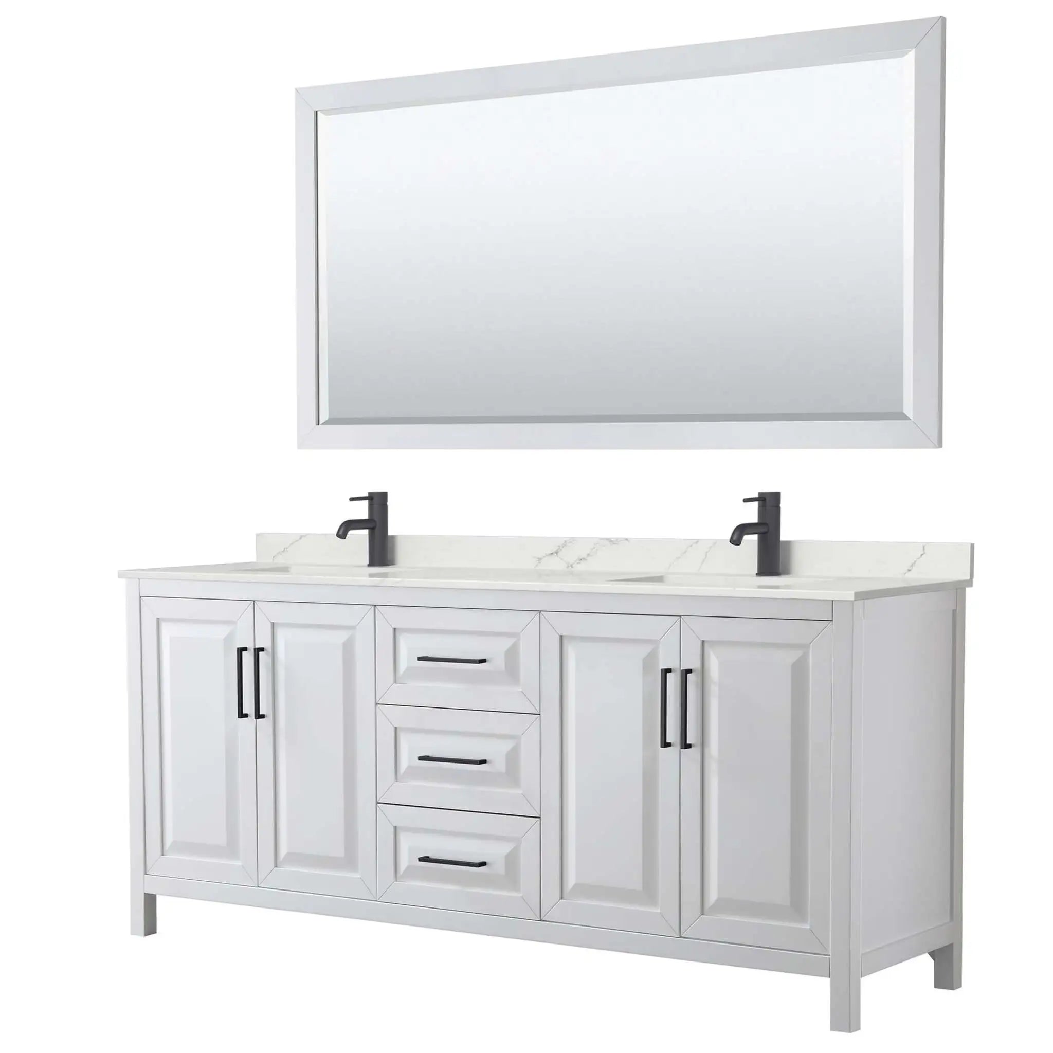 80" Daria Double Bathroom Vanity in White with Matte Black Trim & 70" Mirror by Wyndham