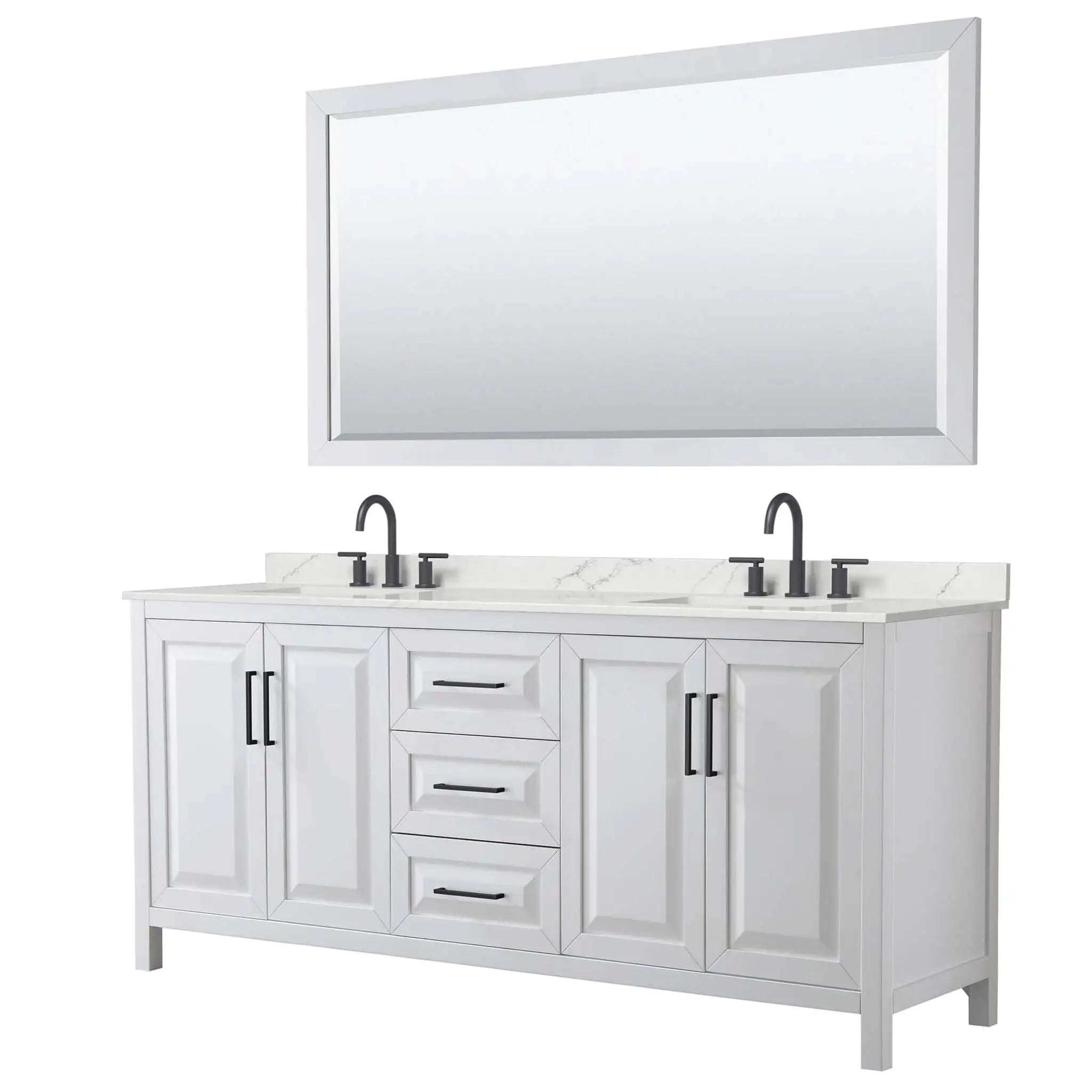 80" Daria Double Bathroom Vanity in White with Matte Black Trim & 70" Mirror by Wyndham