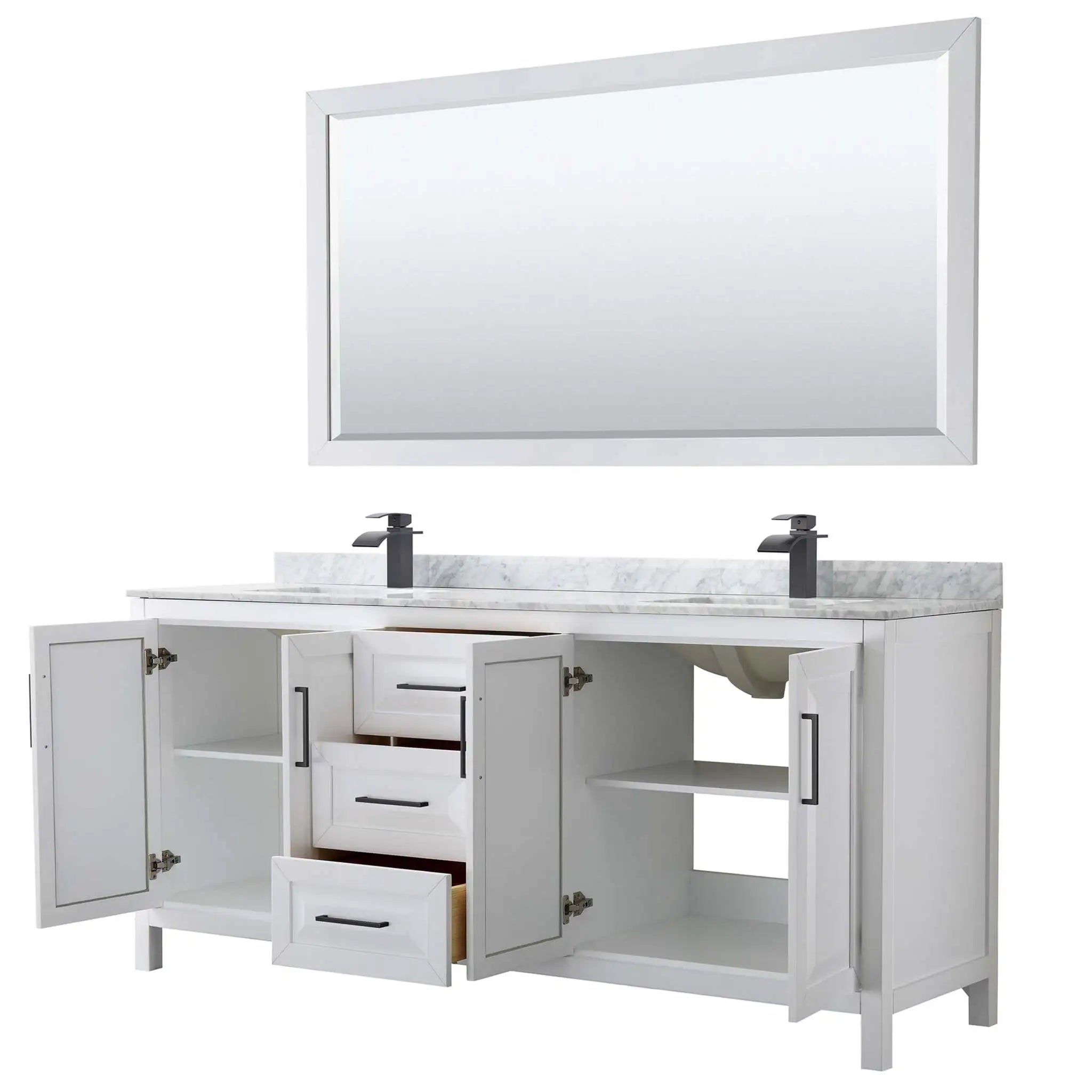 80" Daria Double Bathroom Vanity in White with Matte Black Trim & 70" Mirror by Wyndham