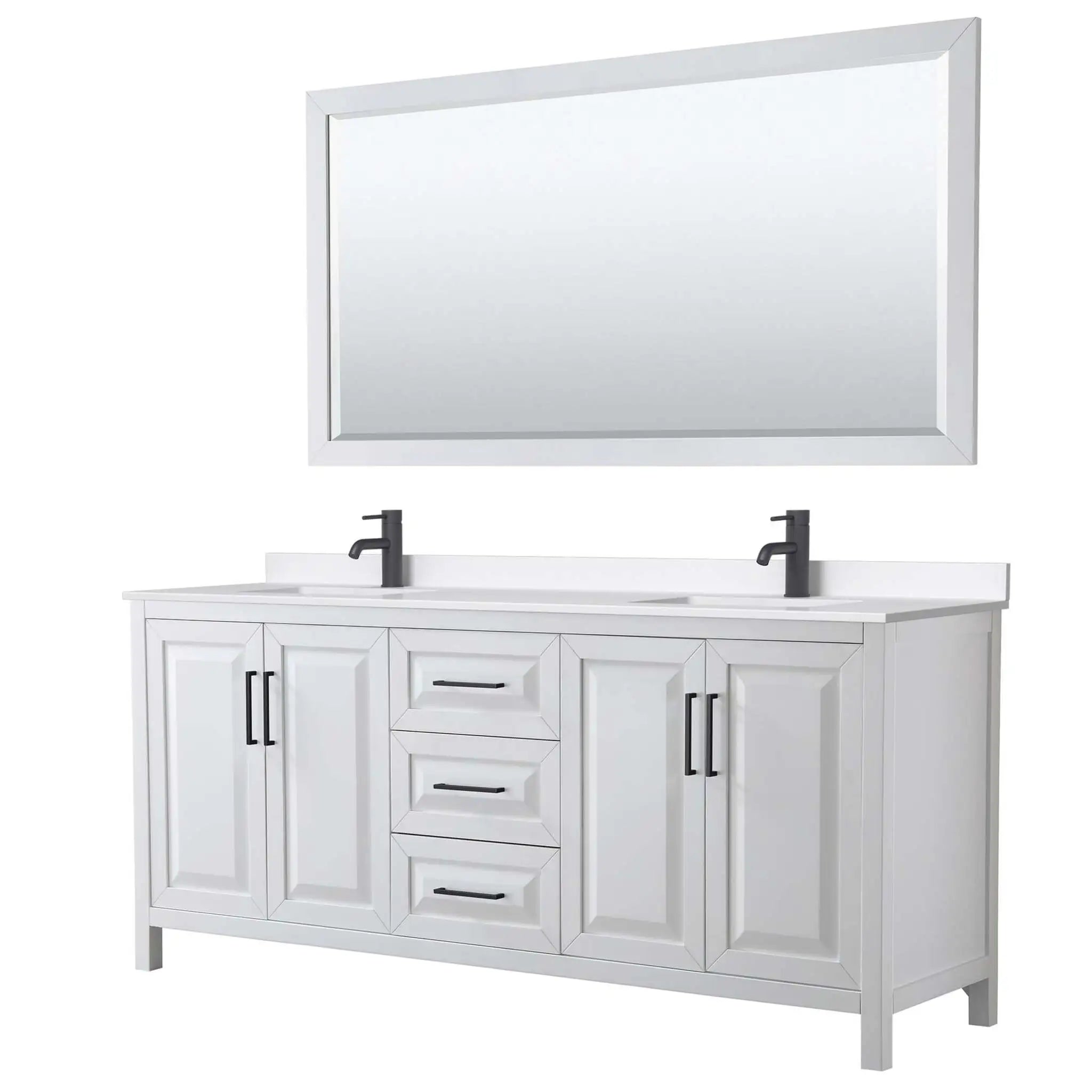 80" Daria Double Bathroom Vanity in White with Matte Black Trim & 70" Mirror by Wyndham