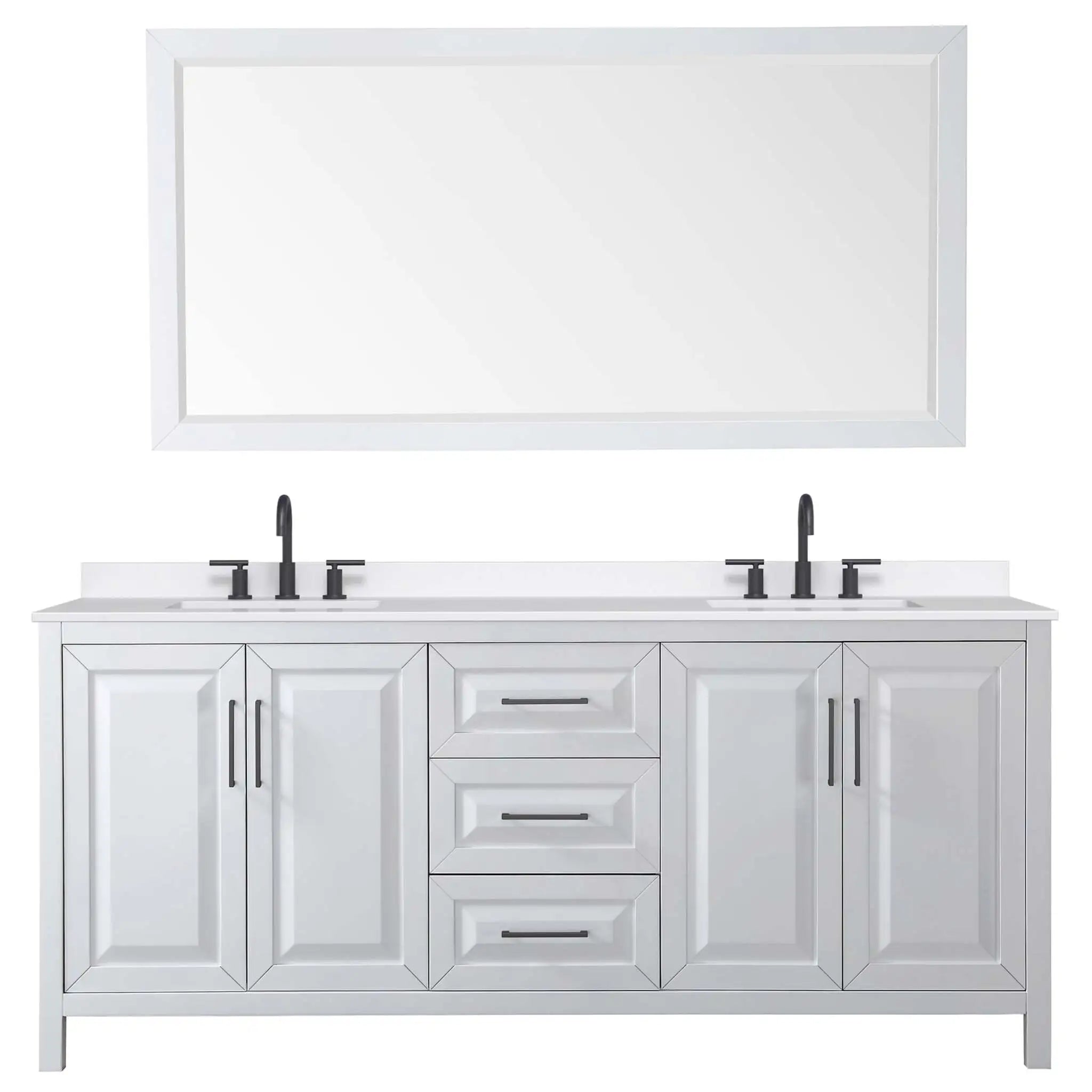 80" Daria Double Bathroom Vanity in White with Matte Black Trim & 70" Mirror by Wyndham