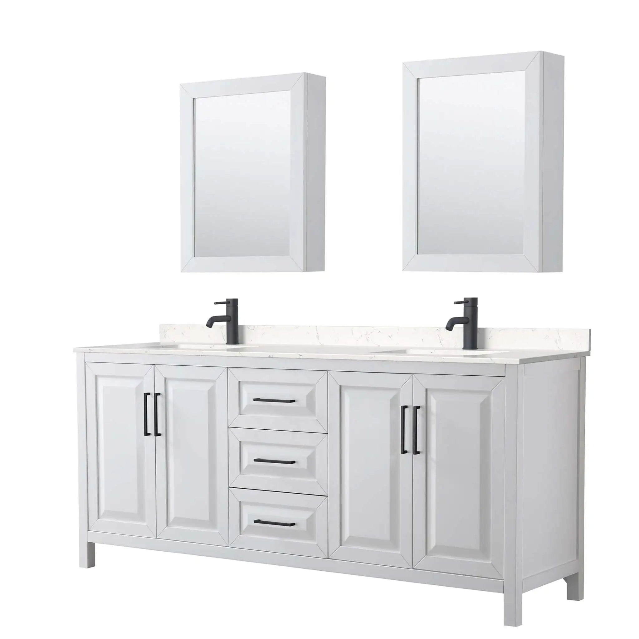 80" Daria Double Bathroom Vanity in White with Matte Black Trim & Medicine Cabinet by Wyndham