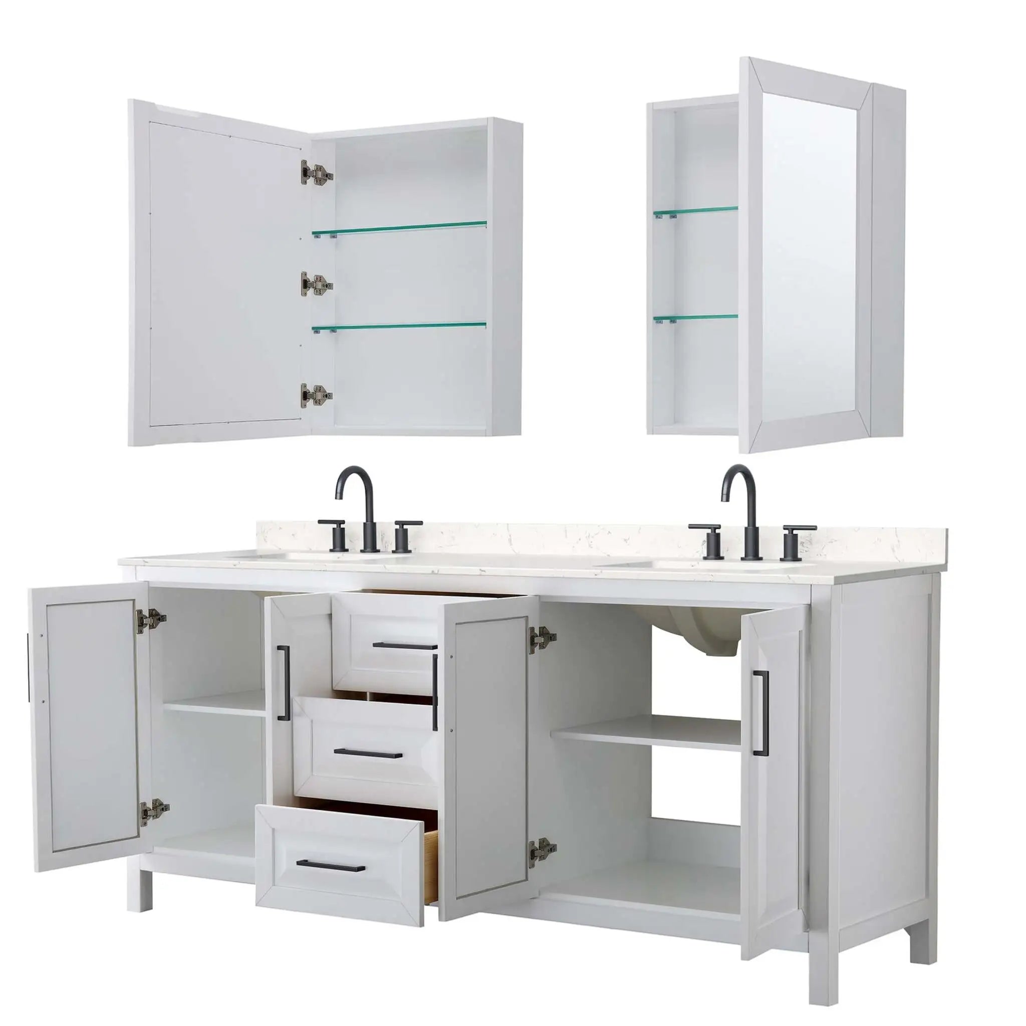 80" Daria Double Bathroom Vanity in White with Matte Black Trim & Medicine Cabinet by Wyndham
