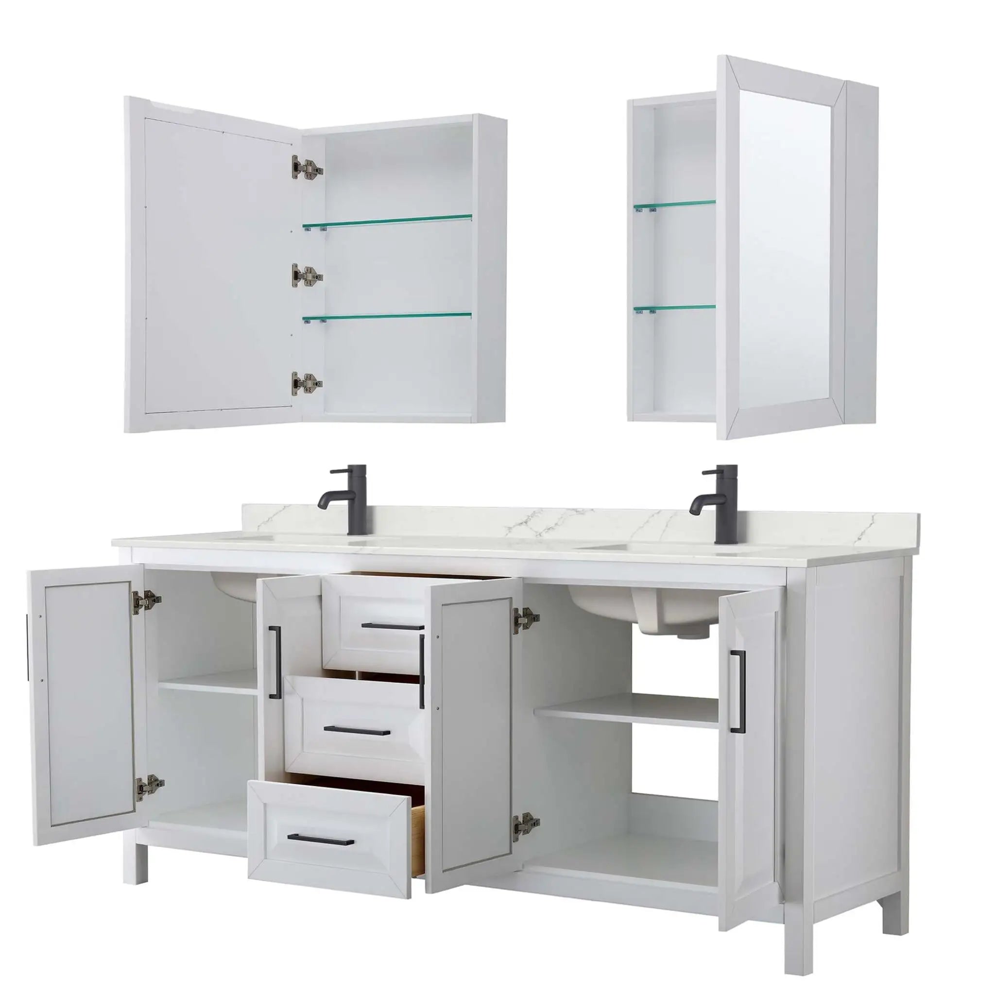 80" Daria Double Bathroom Vanity in White with Matte Black Trim & Medicine Cabinet by Wyndham