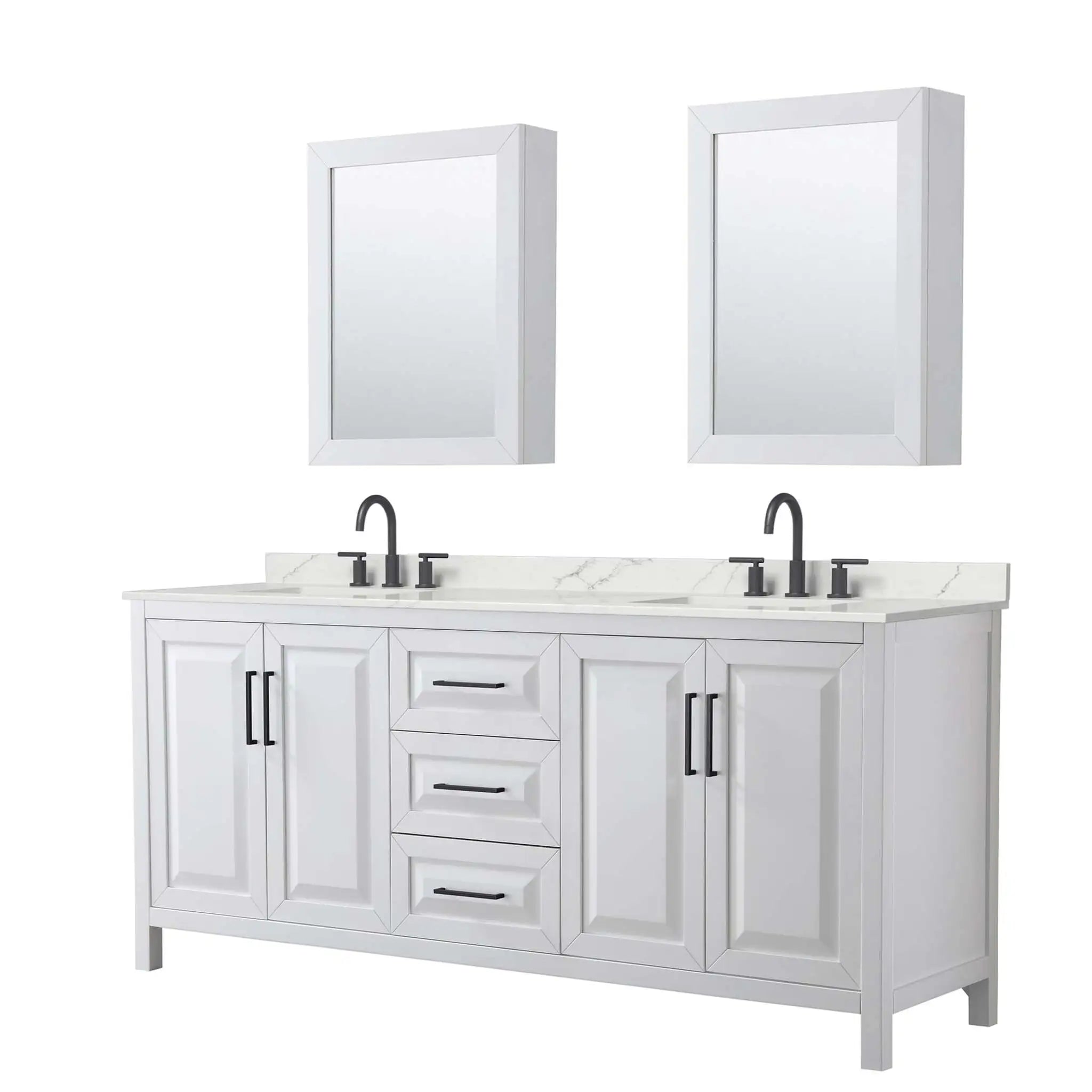 80" Daria Double Bathroom Vanity in White with Matte Black Trim & Medicine Cabinet by Wyndham