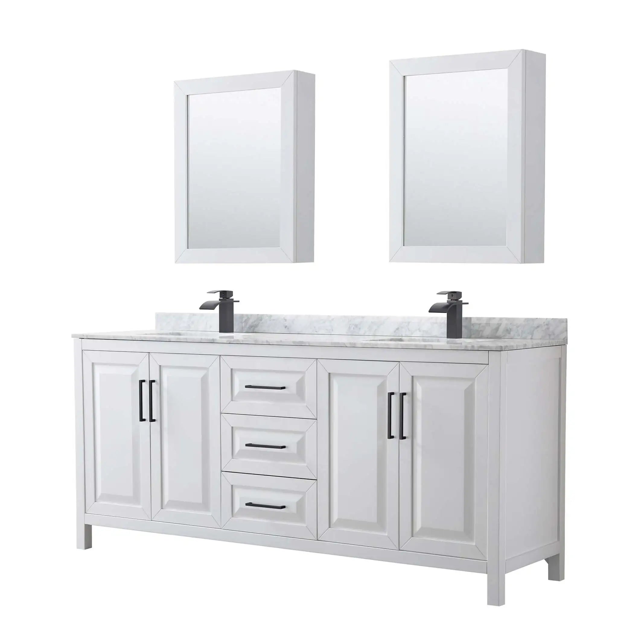 80" Daria Double Bathroom Vanity in White with Matte Black Trim & Medicine Cabinet by Wyndham