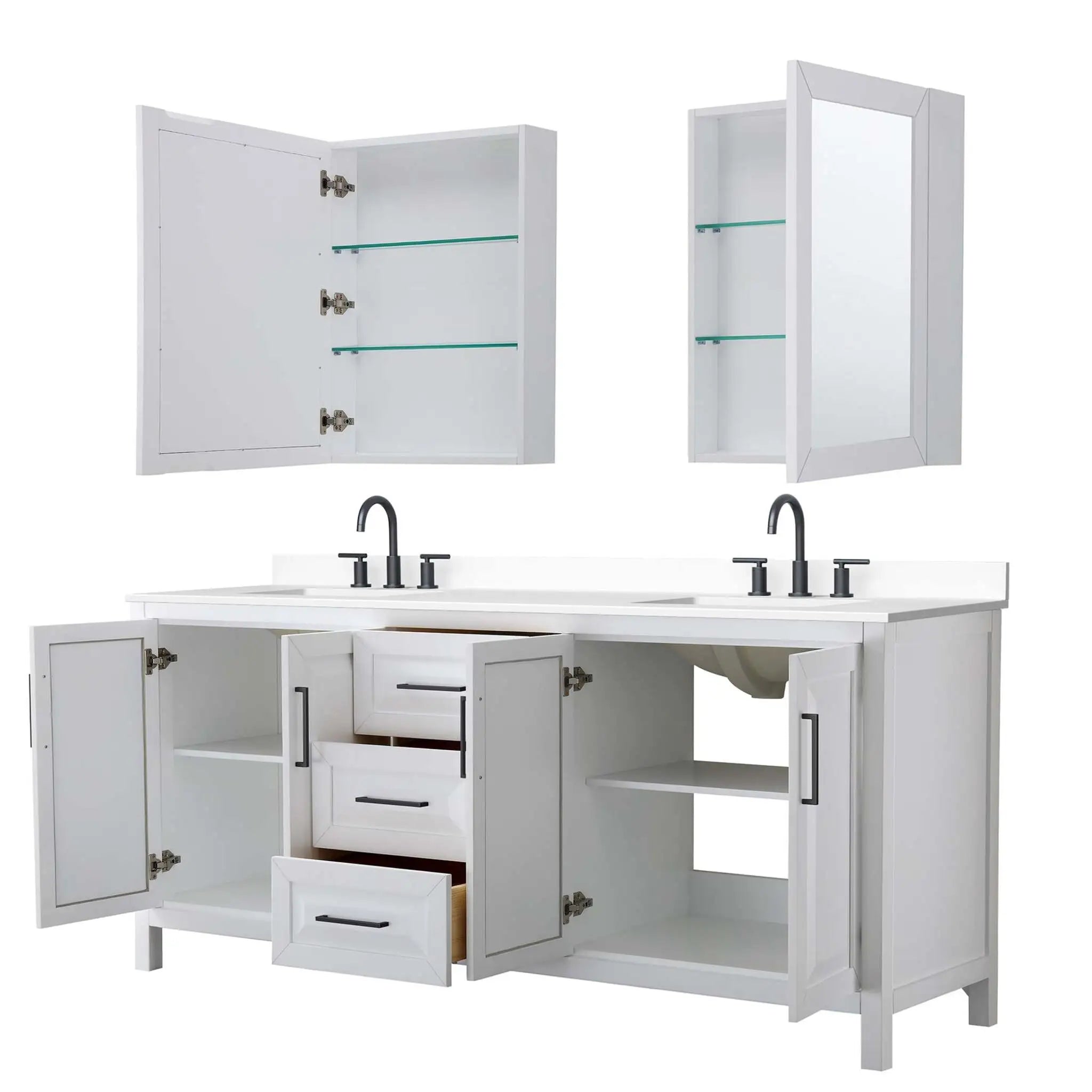 80" Daria Double Bathroom Vanity in White with Matte Black Trim & Medicine Cabinet by Wyndham