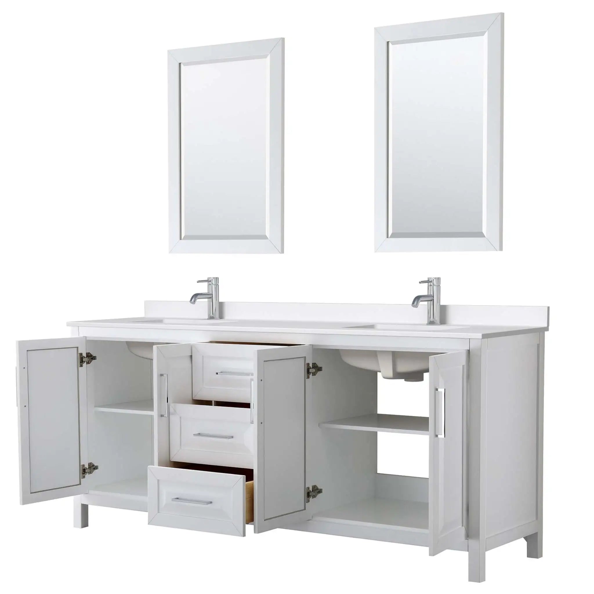 80" Daria Double Bathroom Vanity in White with Polished Chrome Trim & 24" Mirror by Wyndham